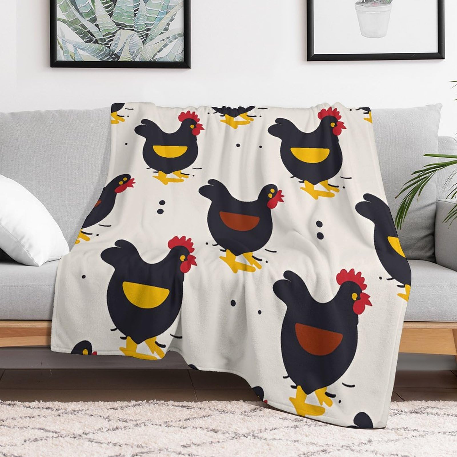 Couverture micro polaire poule de ferme 152x203 cm légère pour canapé
