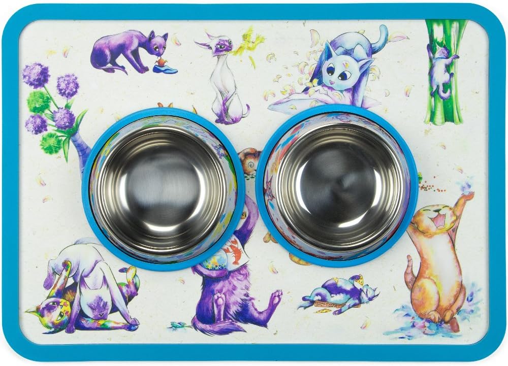 Weebo Pets3-in-1 Cat Food & Water Bowls with Mat Set - Cat Tales: Cat-titude Premium 4 oz. Stainless Steel Dishes with Food-Grade Silicone Feeding/Litter Box Mat