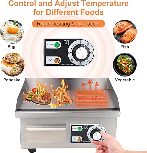 Miniatura 3 de Plancha eléctrica comercial, plancha eléctrica de 14 pulgadas, 1600 W, 110 V, antiadherente, parrilla Teppanyaki de acero inoxidable, temperatura