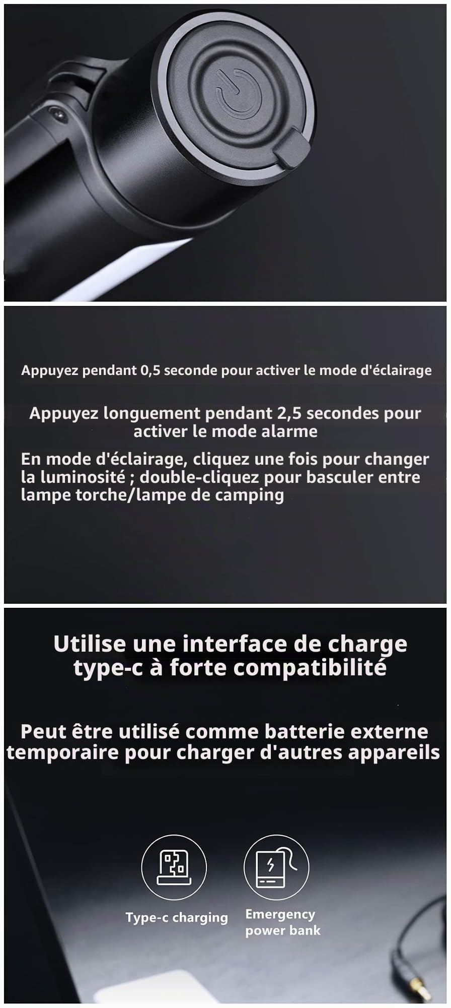 MIJIA NexTool Outdoor 6 en 1 lampe de poche zoomable, portable, mode normal et alarme double source lumineuse poignée rotative à 360 degrés (noir)