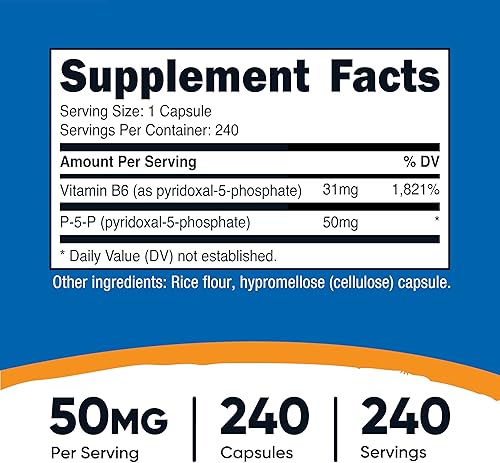 Miniatura 2 de Nutricost - Suplemento de Vitamina B6 P5P 50 mg, 240 cápsulas (Piridoxal-5-Fosfato) - Apto para vegetarianos, sin OMG, sin gluten