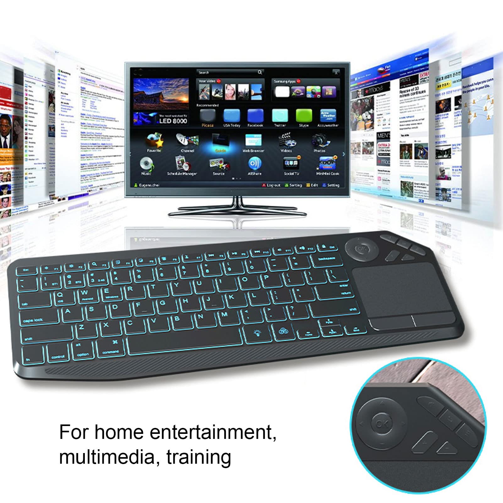 Klawiatura Bezprzewodowa, Klawiatura 2.4G Wireless Touch TV z Easy Media Control i Touchpad, Podświetlana Klawiatura RGB Bluetooth, dla Systemu IOS, dla Systemu Android, dla