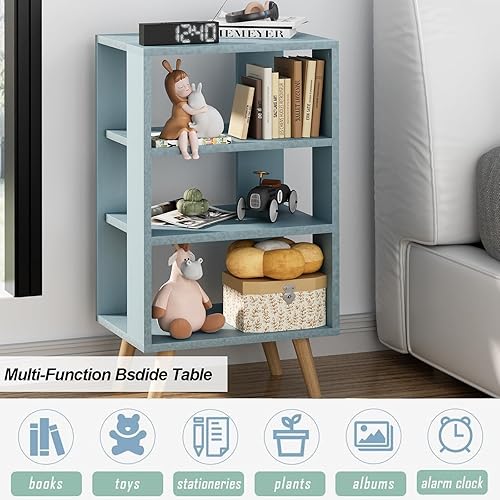 Miniatura 3 de Dueatib Mesa auxiliar azul de 3 niveles, mesa de noche simple y moderna, mesa de almacenamiento abierta de madera, armario de almacenamiento