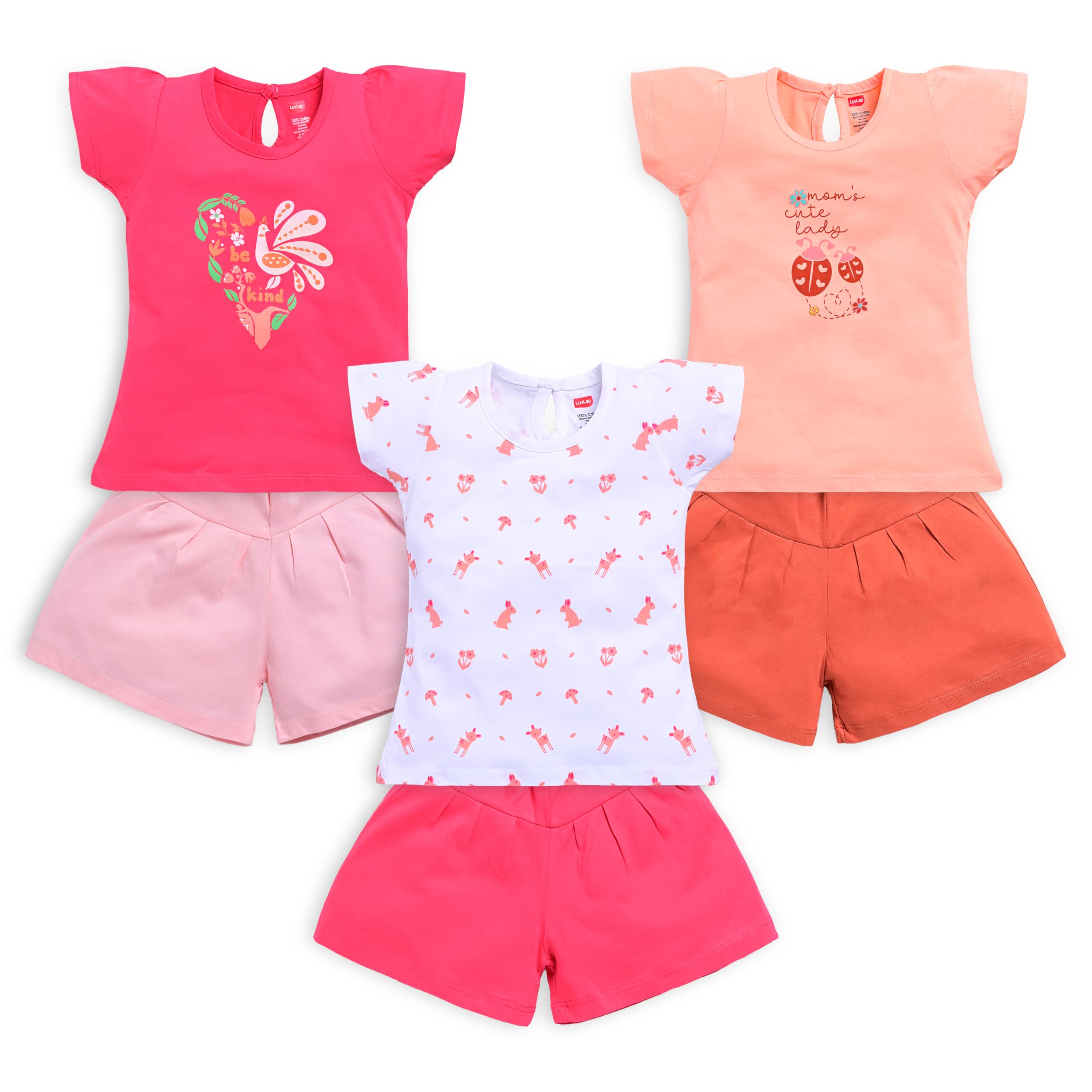 luvlap Baby Girls Regular Fit 100% Cotton Half Sleeves Girls Top CoSet Pack of 3-picture-3