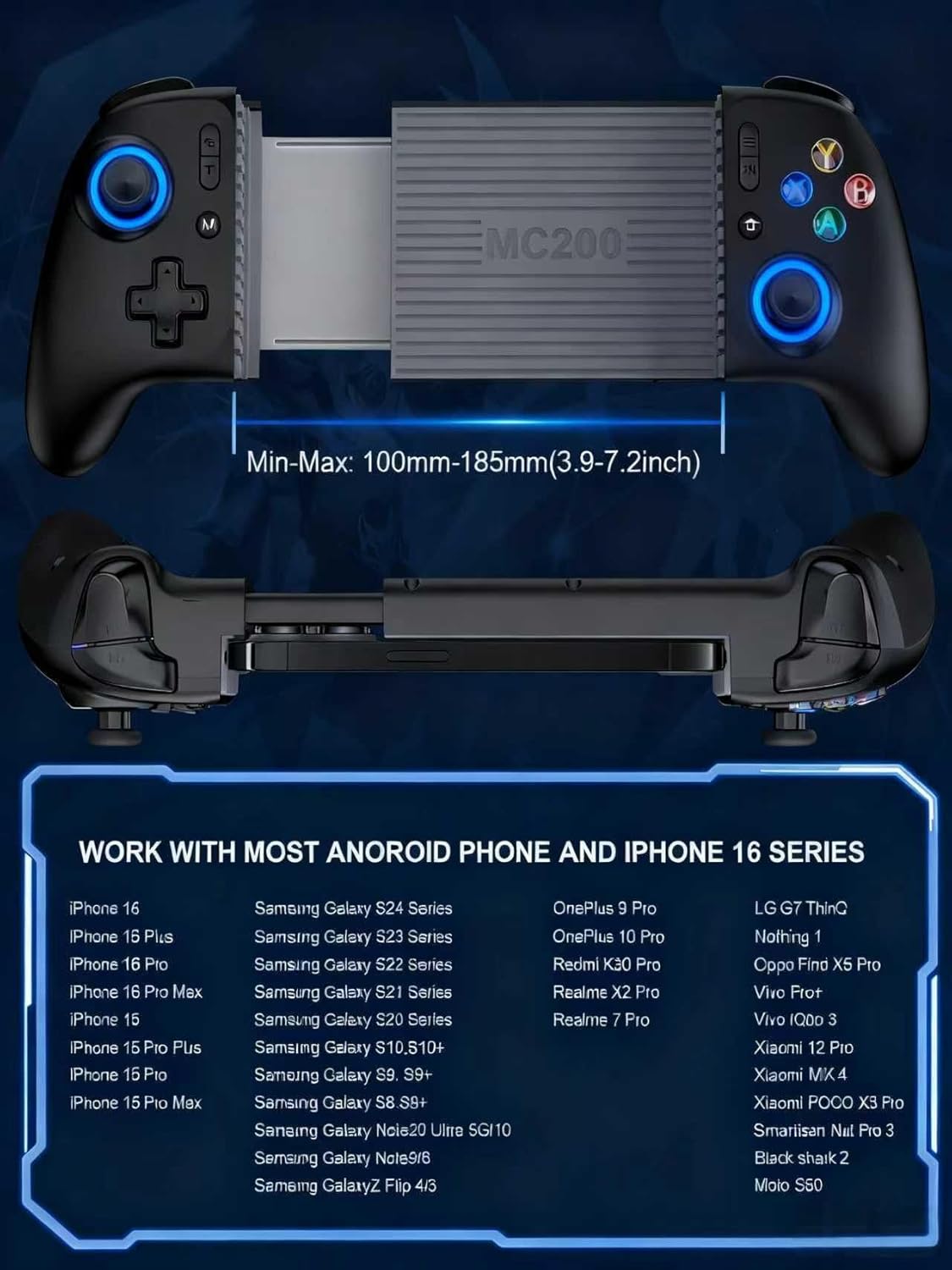 Wireless Mobile Gaming Controller, Phone Controller for iPhone/Android, Hall Joystick/Trigger, Bluetooth Handheld Gaming Controller with Programmable, No Dead Zone, Adjustable Light/Turbo, for Xbox Cloud, Steam Link