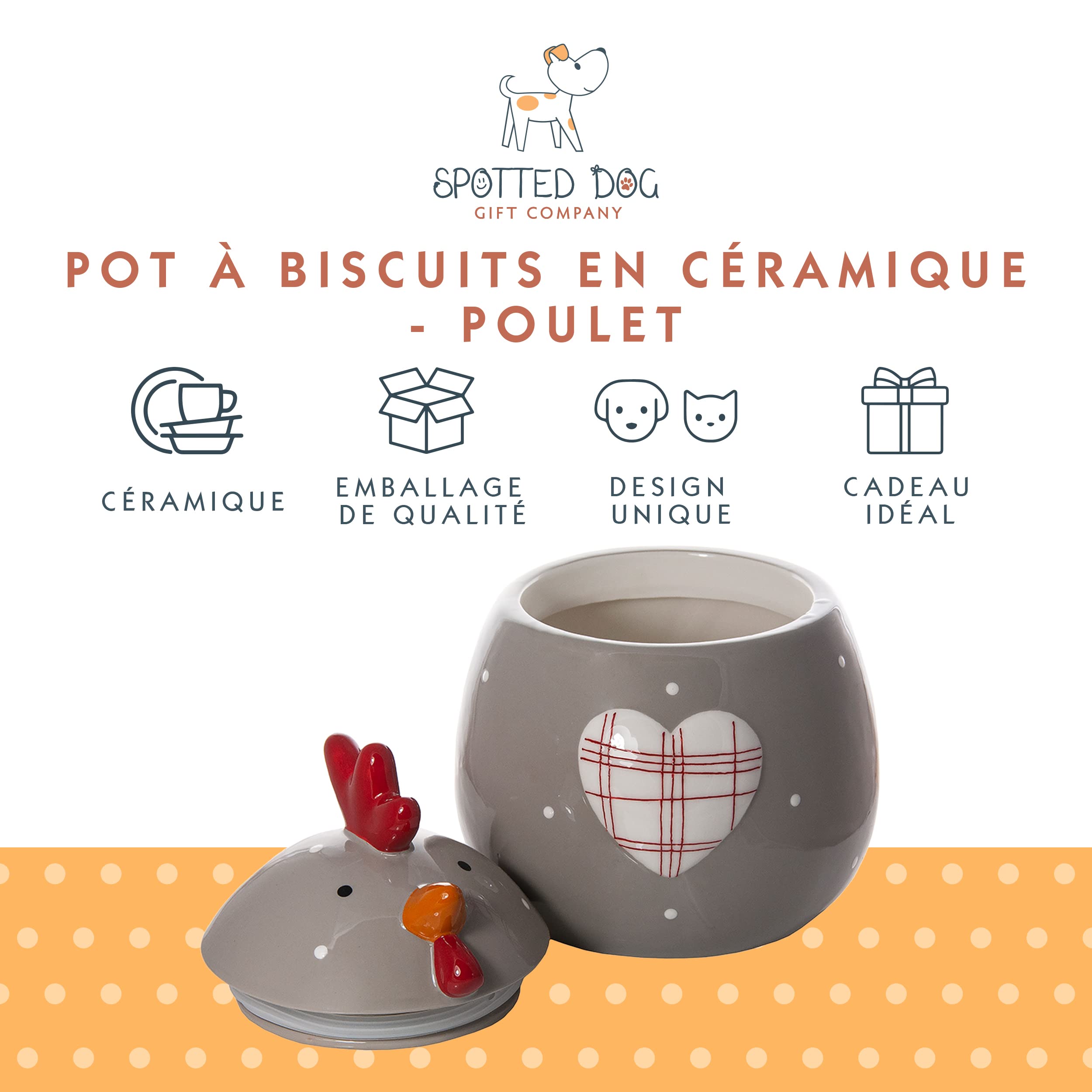 SPOTTED DOG GIFT COMPANY Boîte à Biscuit en Céramique, Grand Bocal de Conservation pour Cookies Bonbons ou Friandises, Mignon Cuisine Article, Cadeau pour Poules Amoureux, Gris 1900ml