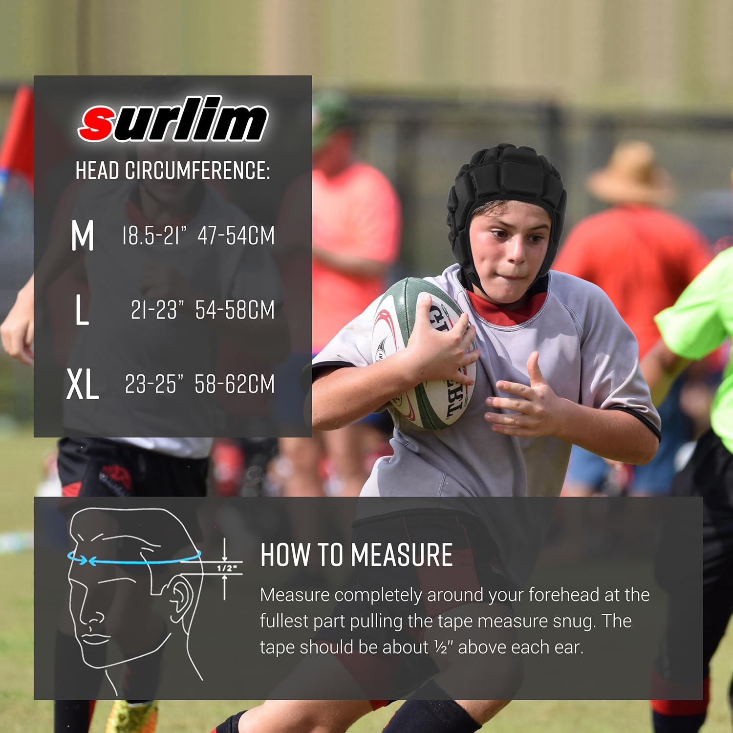 surlim Flag Football Helmet 1/2 inch(13mm) Rugby Headguards Scrum Cap Soft Shell Helmet(Black, Large)