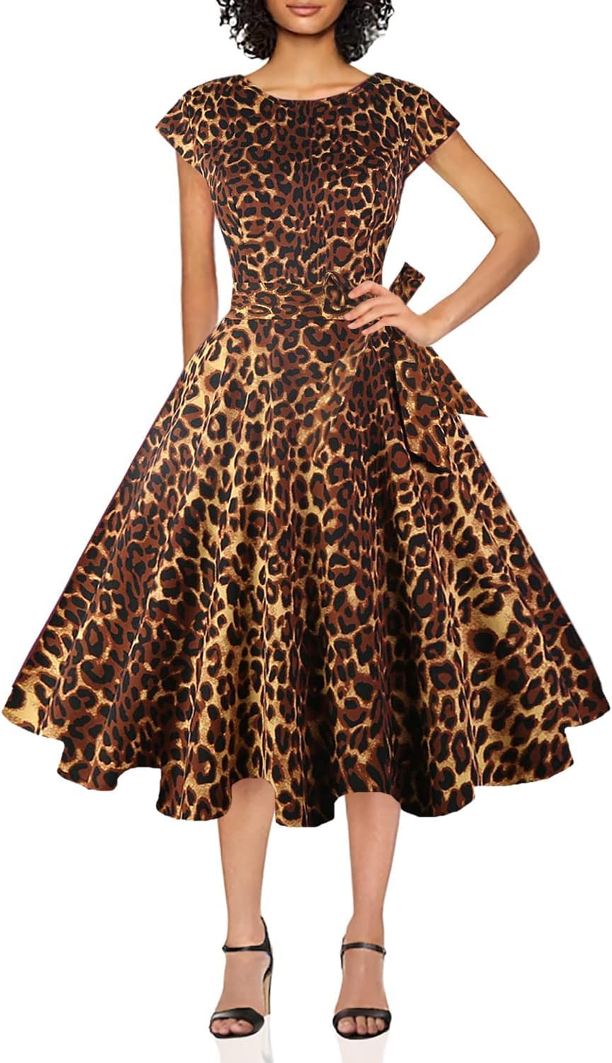 PUKAVT Women's 1950 Boatneck Cap Sleeve Vintage Swing Cocktail Party Dress with Pockets