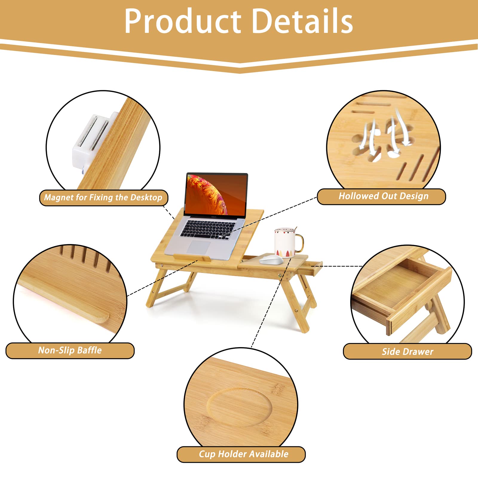 Todeco Plateau de Lit Pliable, Table de lit Pliable pour Ordinateur | Plateau ajustable 5 positions, Bureau Bambou avec Grande Ventilation, 55,1 x 35,1 x (22-32)cm