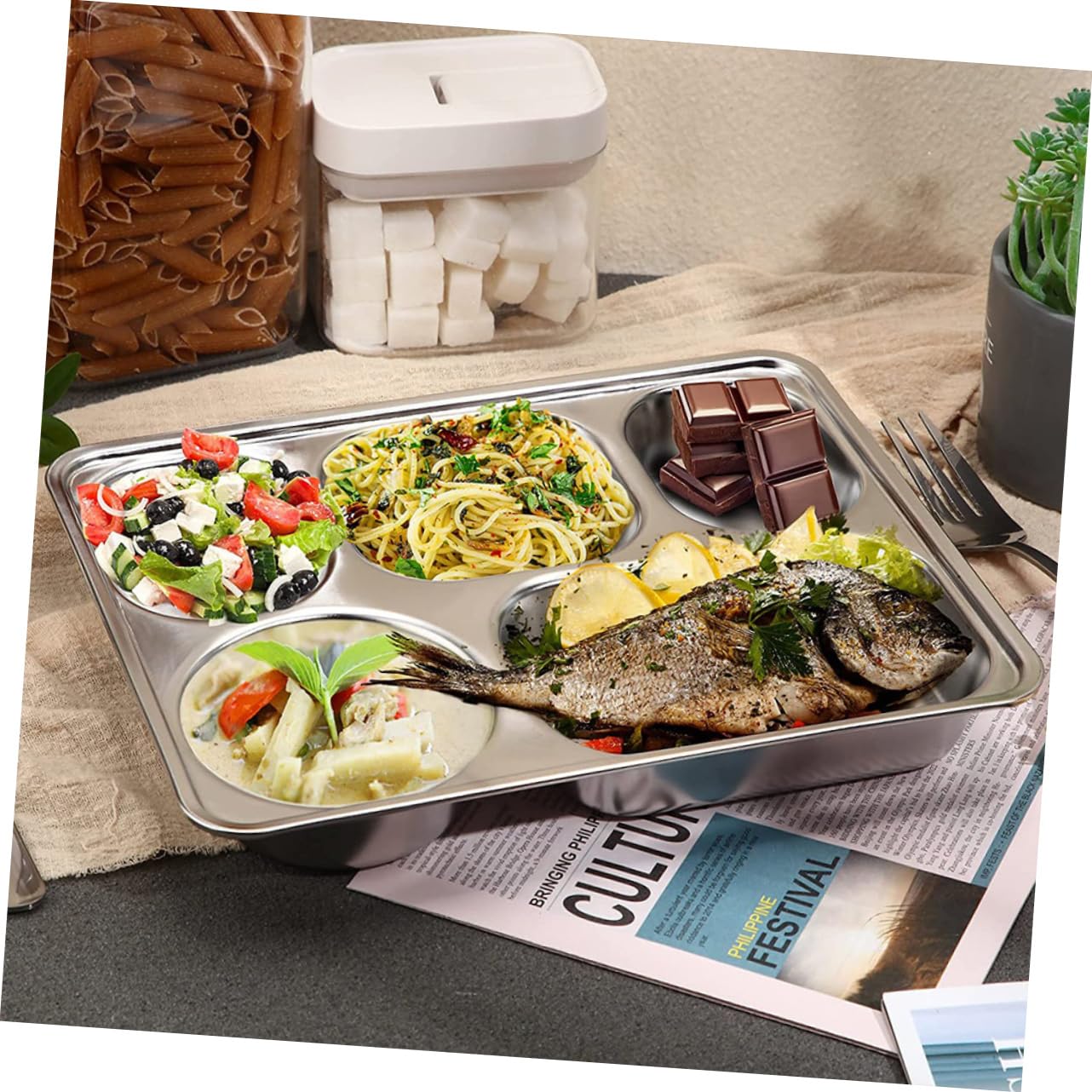 Lot de 3 Assiettes Repas en Acier Inoxydable à Trois Compartiments