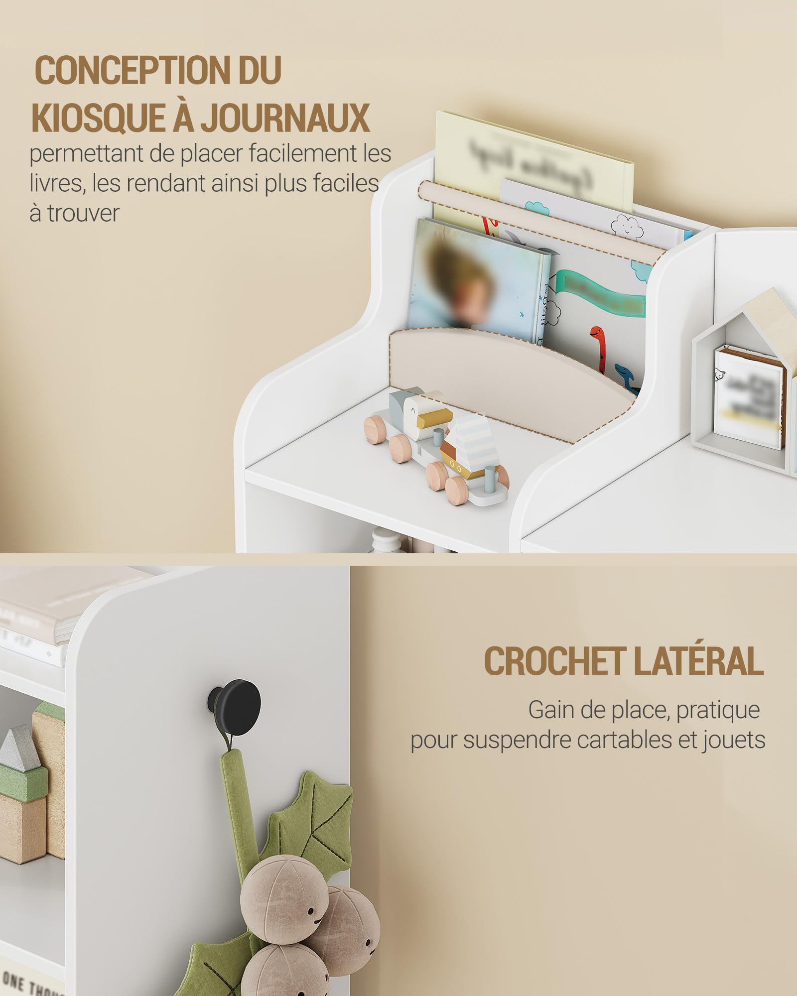 Hzuaneri Bibavecliothèque pour Enfants, étagère en Bois, étagère à Jouets 8 boîtes en Non-tissé pour Chambre d'enfant, Salon, Bureau Blanc 30 x 140 x 104 cm KB43003W