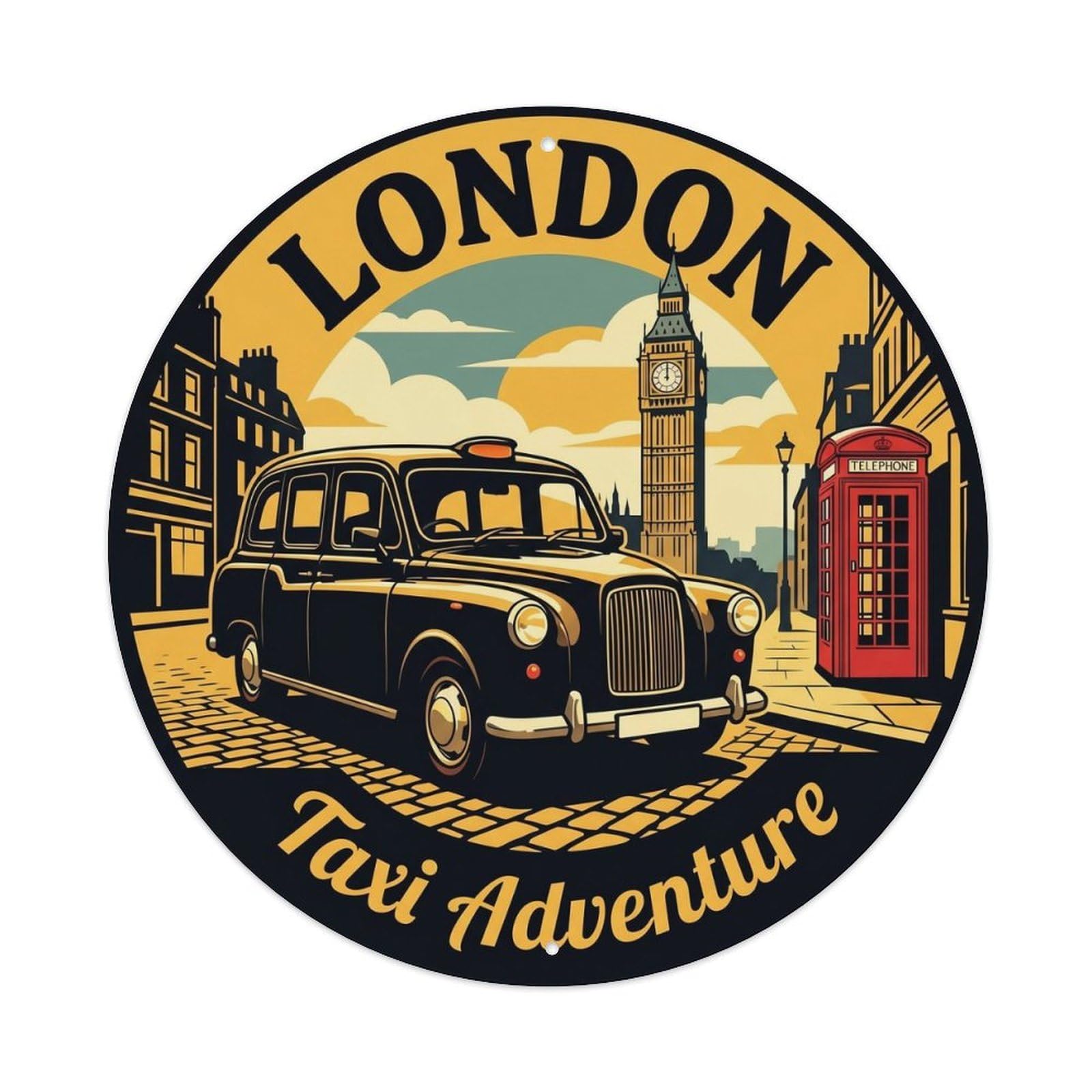 Yrnq Vintage Style Vintage Travel England Taxi Adventure Metal Tin Sign Plaque Wall Decor For Cafe, Club, Garden Round Metal Poster 8X8inch