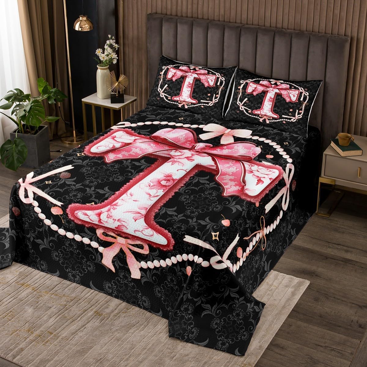 Erosebridal Monogrammed Pink Bow Bedspread Sets Queen Size for Girls Coquette Trendy Initial T Coverlet Set for Women Daughter Girly Pink Floral Bowknot Bed Set Initial Preppy Bedding Set
