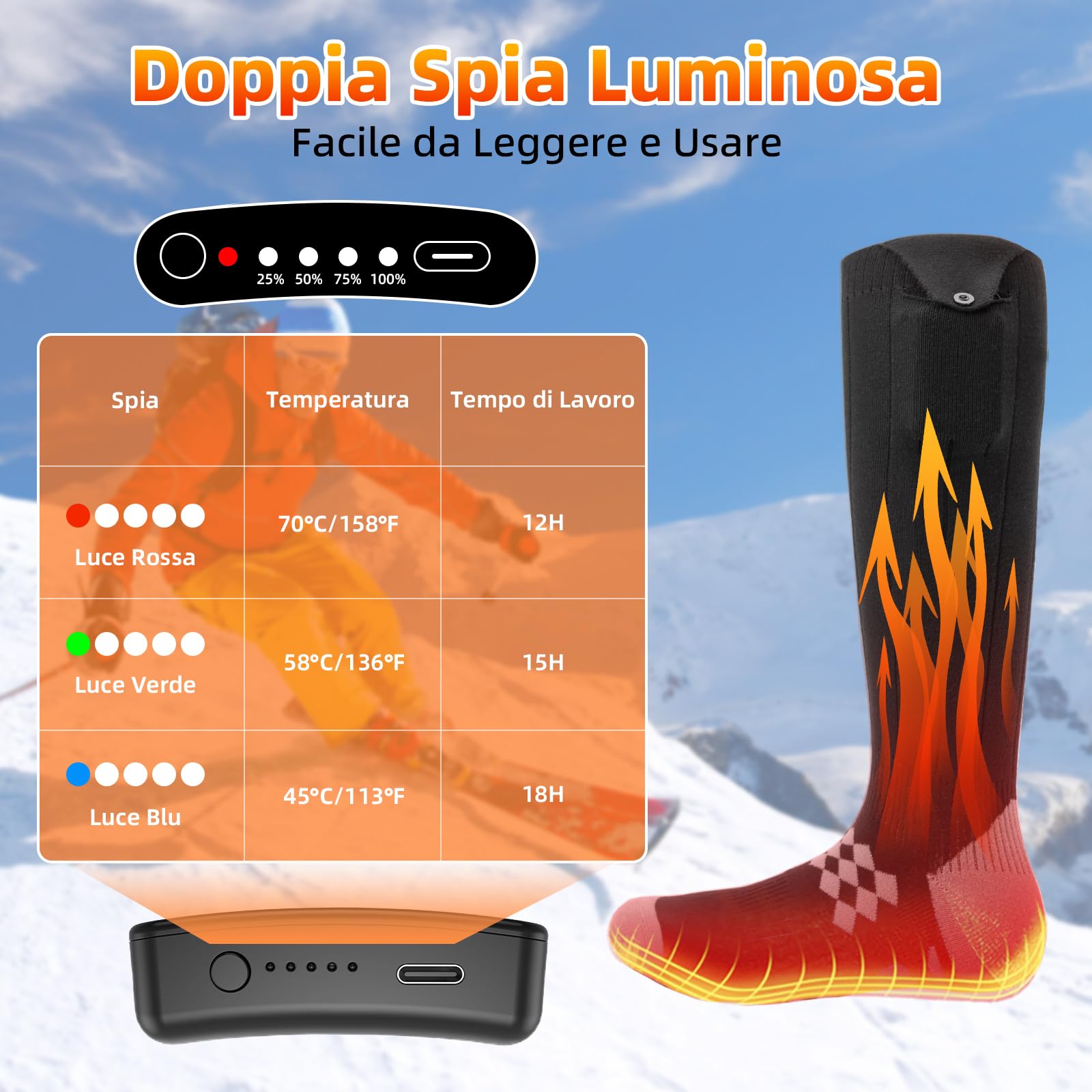 Calze Riscaldate a Batteria ikuchelife, 2 x 7500mAh/5V Max. 14 Ore Inverno Ricaricabili Calzini USB Riscaldati Scaldapiedi Elettrico Calze al ginocchio con 4 Temperature per l'intero Plantare