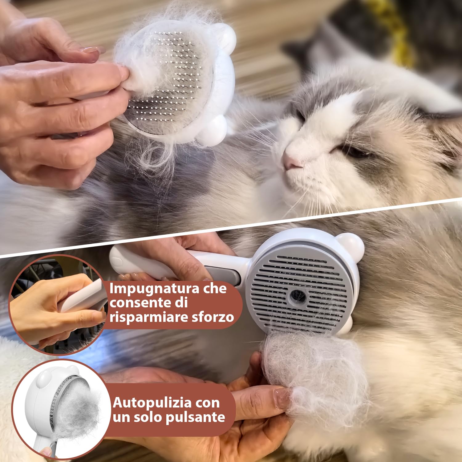 Spazzola a Vapore per Gatti con 2 Livelli di Spruzzo e Pulsante di Rilascio, 4 in 1 Impermeabile IPX7 Spazzola Animali per la Toelettatura per la Muta, Pettine per Gatti e Cani a Pelo Lungo e Corto