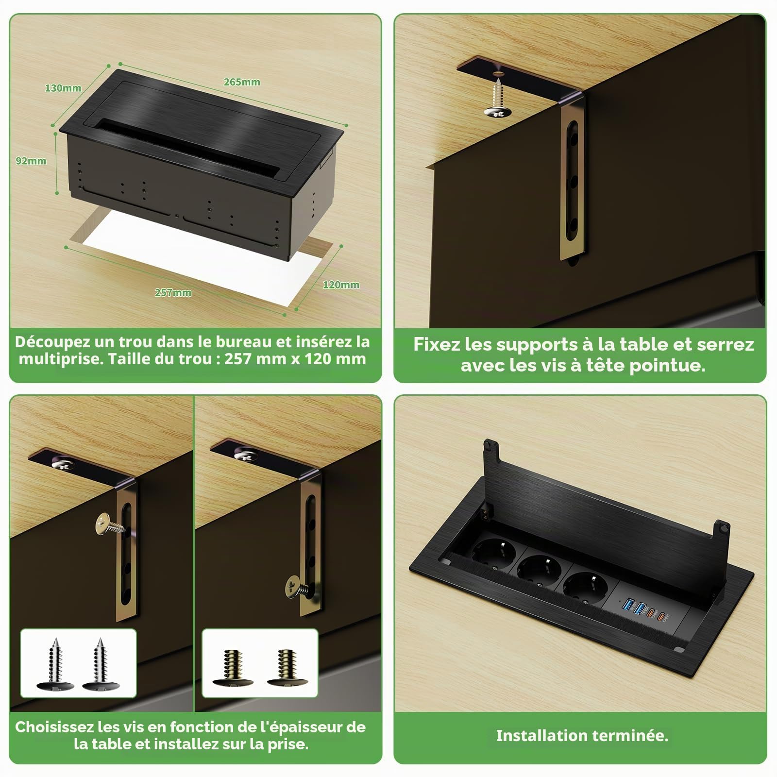 Prise Encastrable 3 Prises avec 2 USB-C PD 30W, Aluminium Multiprise Encastrable Plan de Travail avec Couvercle et Brosses, Bloc Prise Encastrable pour Table de Conférence et Bureau, Noir, Câble 1,8M