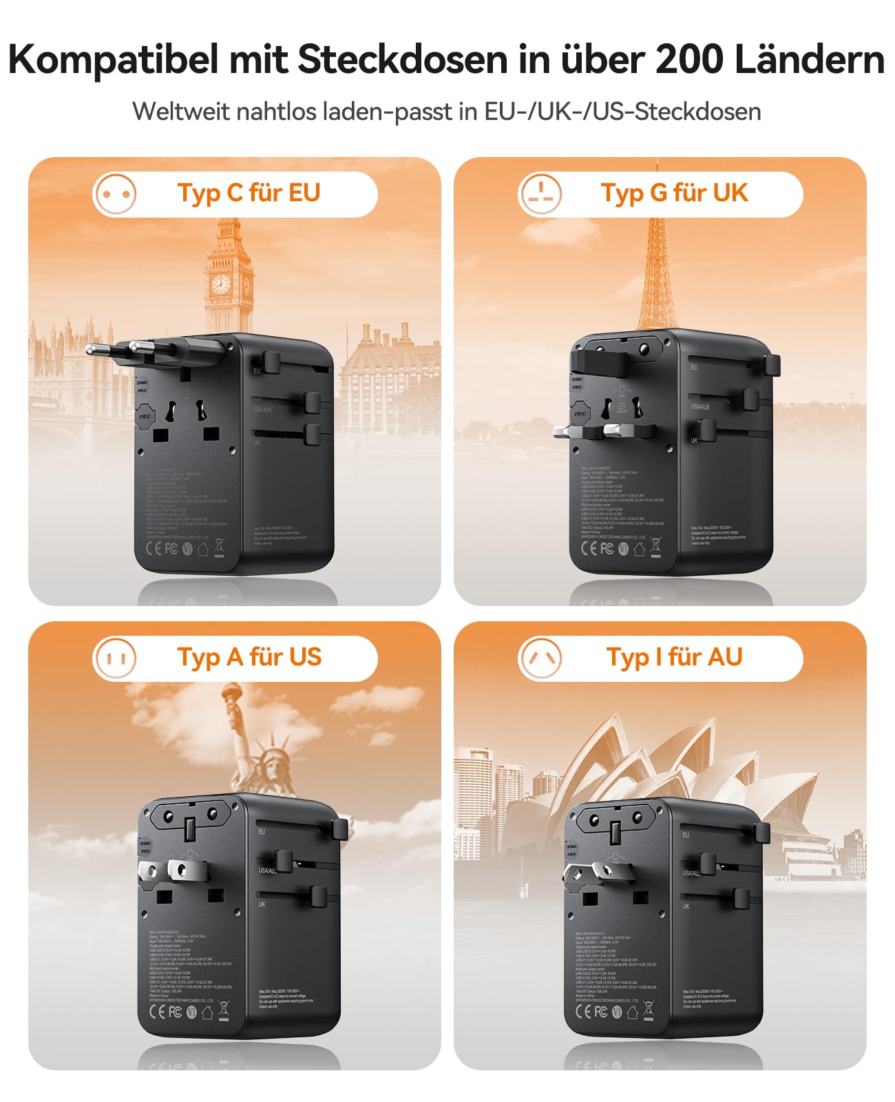 ORICO 100W GaN Reiseadapter mit Ausziehbarem Kabel, 7-in-1 Reisestecker, 3USB-C 2USB-A 2AC, 2 Sicherungen, Internationaler Adapter für Europa, UK, USA, Asien - UAX(Schwarz)