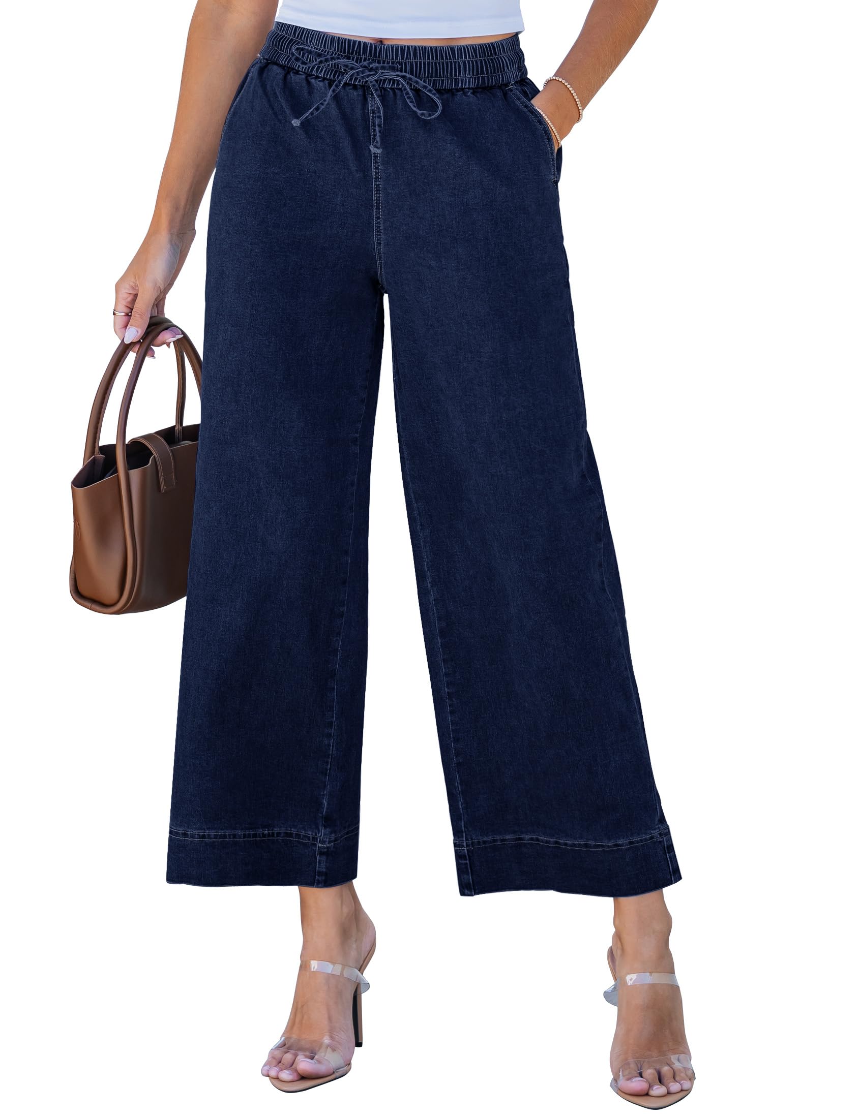 luvamia Wide Leg Jeans for Women High Waisted Cropped Pull On Jeans Elastic Wasit Drawstring Stretch Denim Trouser Pants