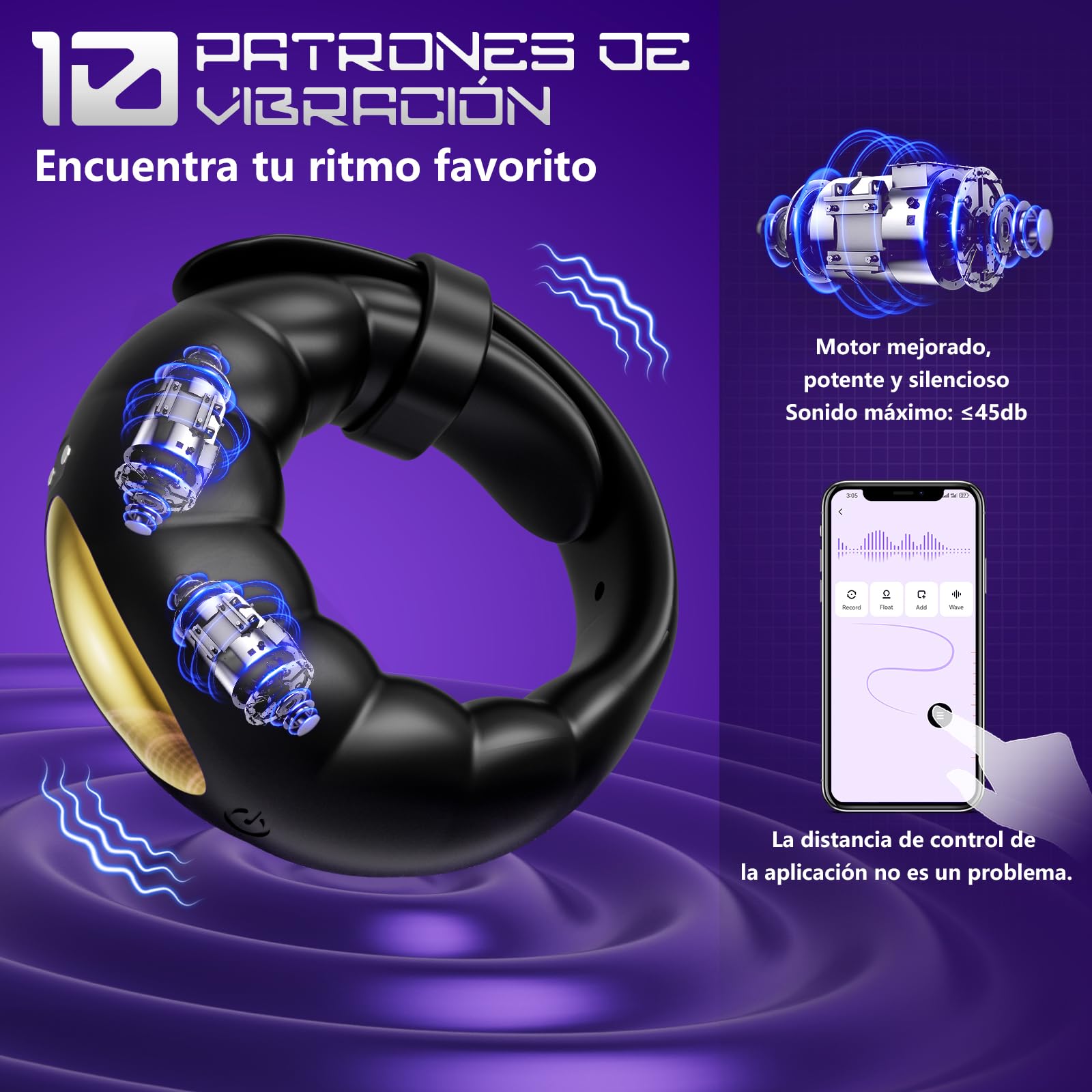 Anillo vibrador para parejas — Para hombres, ayuda a la erección, 10 modos de vibración, mediante aplicación, anillo vibrador para hombres adultos.