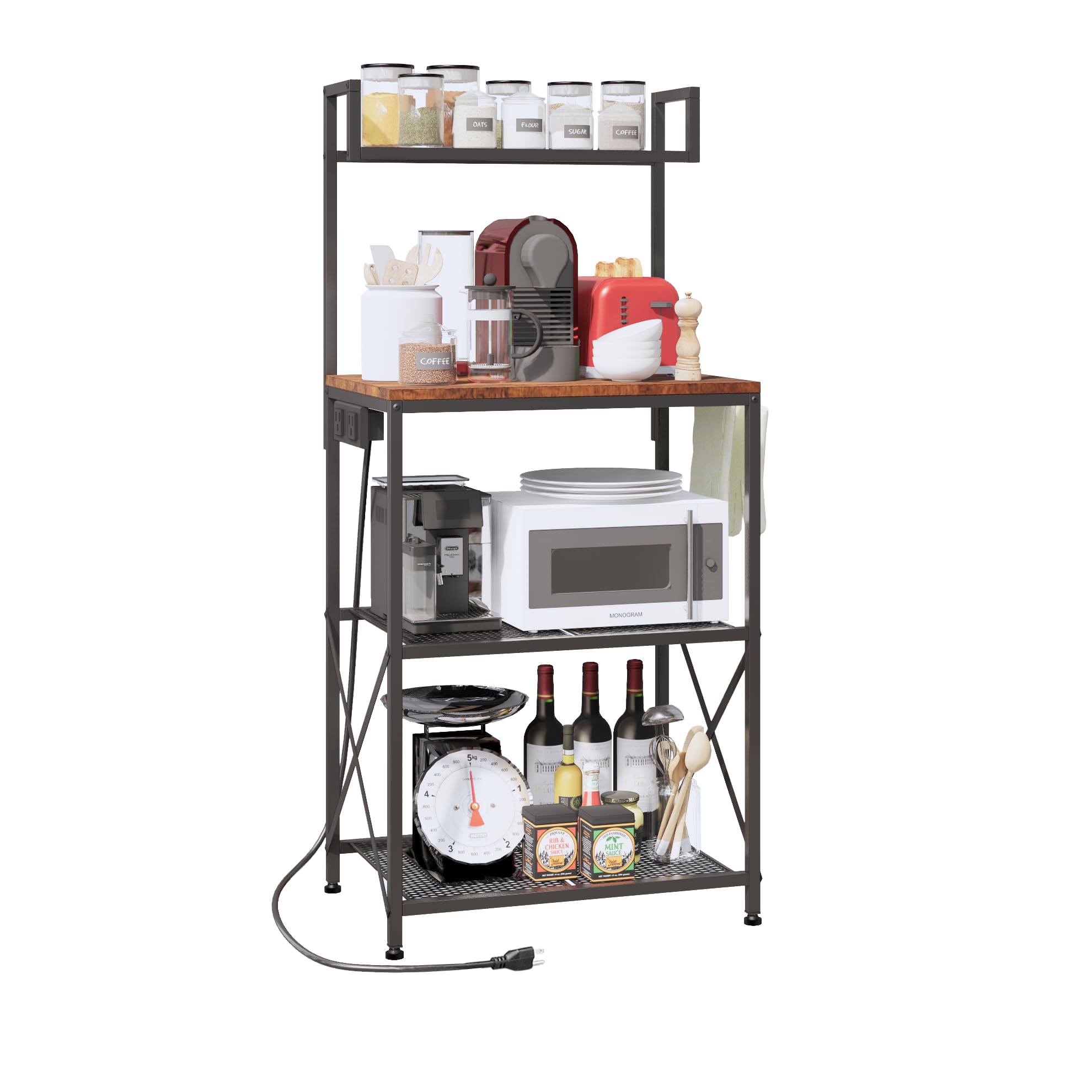 OIRBOEUS 3-Shelf Rustic Brown Kitchen Shelf with Power Outlets - Bakers Rack