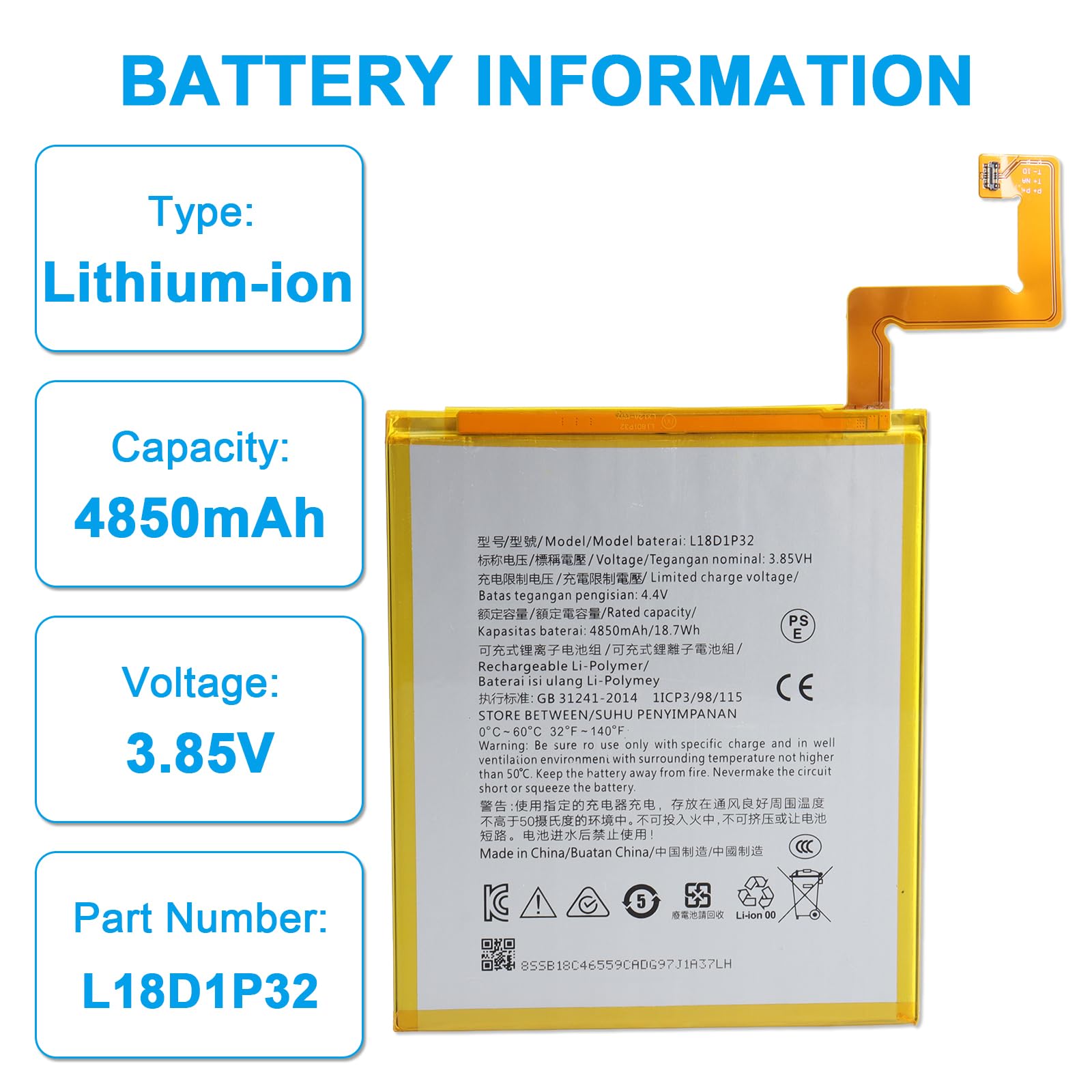 L18D1P32 Tablet Akku Kompatibel mit Lenovo Tab M10 HD TB-X505F TB-X505L TB-X505X, TB-X605F TB-X605L TB-X605M TB-X605C TB-X605LC TB-X605FC, mit Werkzeugset - 4850mAh 18.7Wh 3.85V
