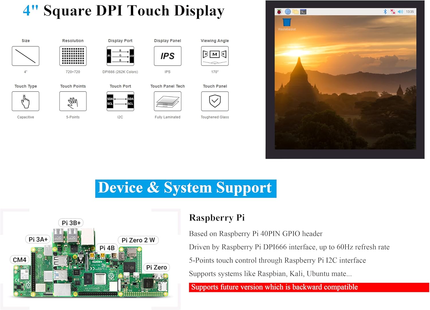 4inch DPI LCD Square Capacitive Touch Screen Compatible with Raspberry Pi 5/4B/3B+/3B/2B/Zero/Zero W/WH/Zero 2W, 720x720 Resolution, IPS Display, Toughened Glass Cover Low Power Solution
