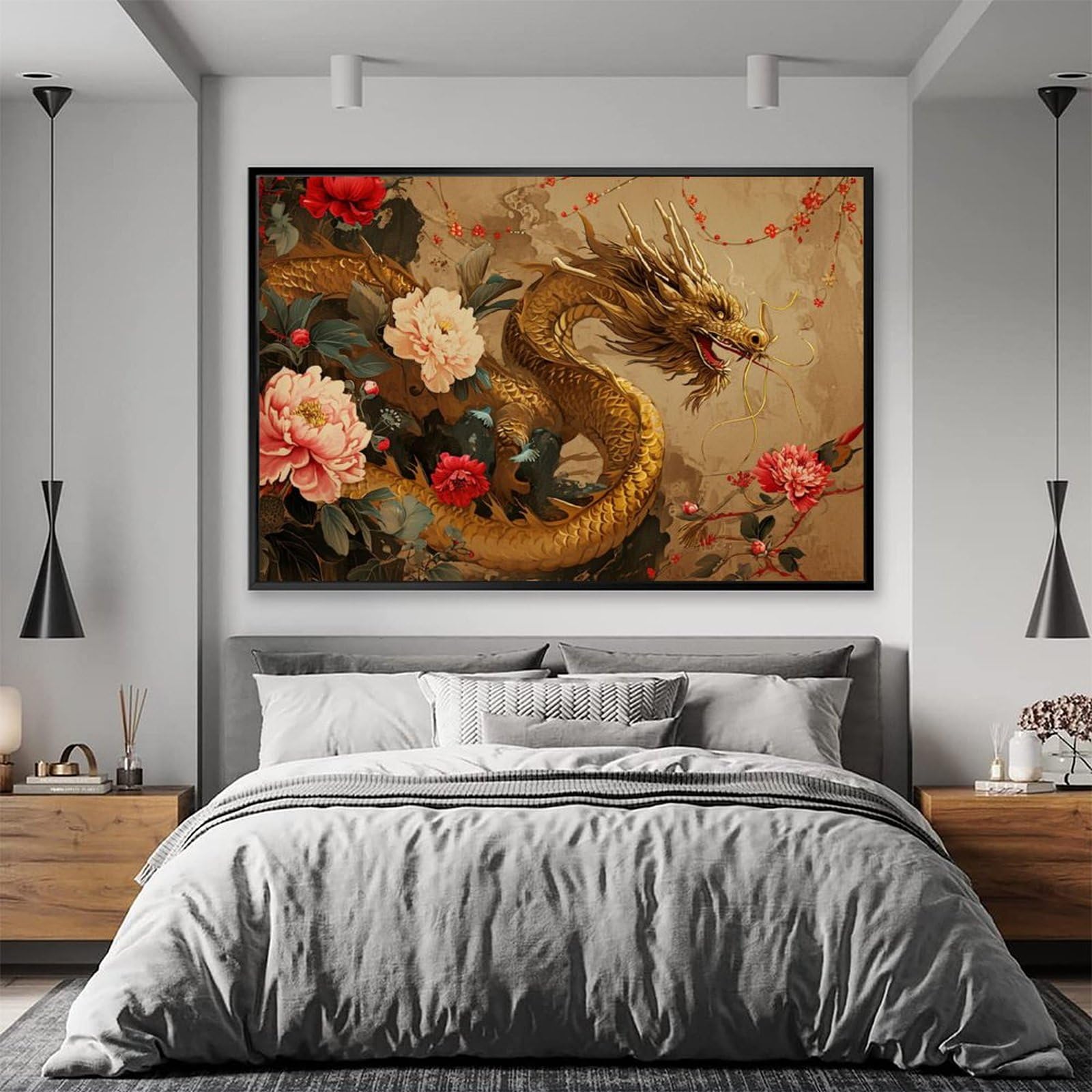 Amazon.co.jp: 絵画 黄金の龍が花を通り抜けるインテリア 絵画 奇妙な