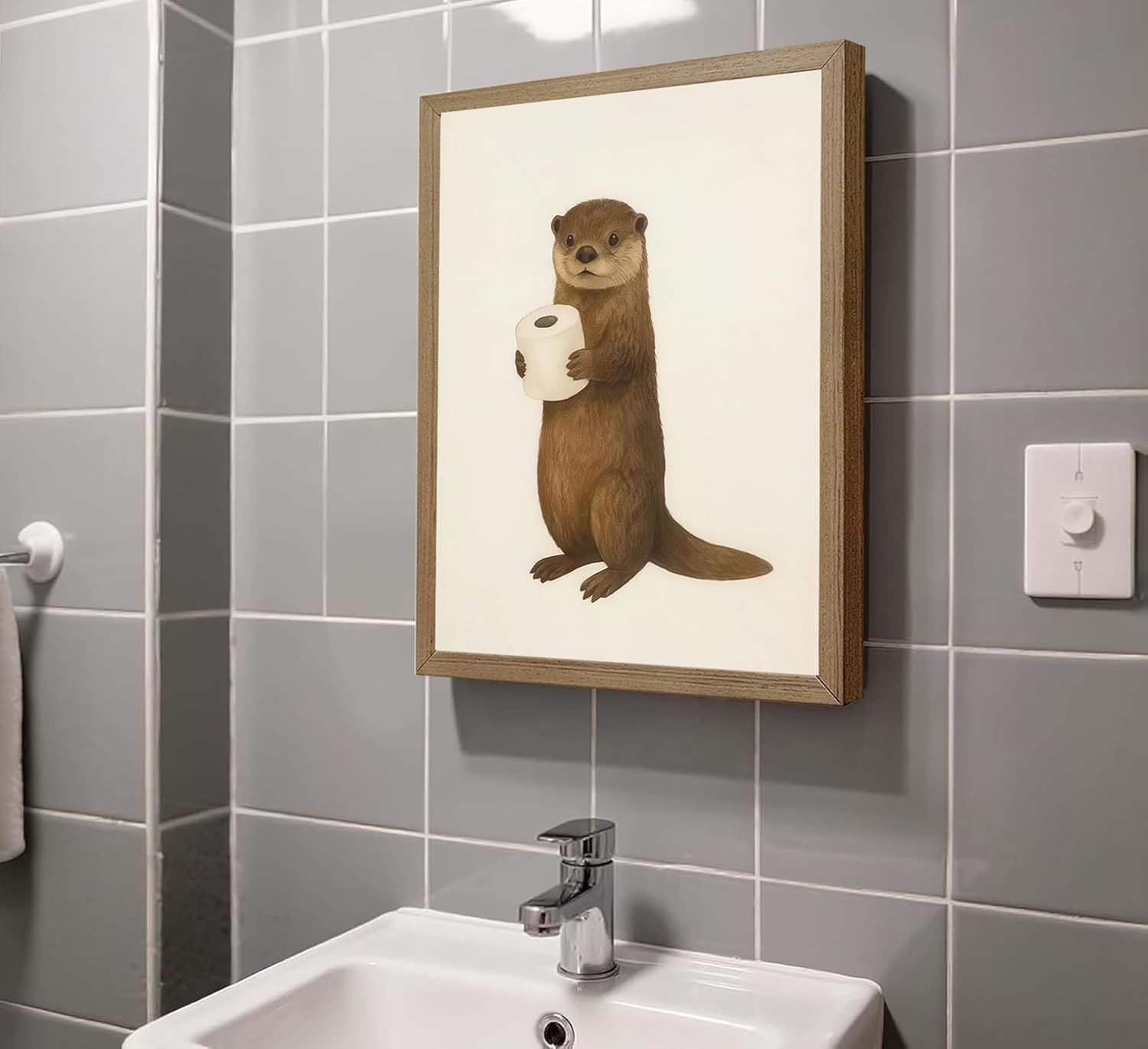 Framed Funny Otter Bathroom Canvas Wall Art Toilet Paper Animal Pictures Wall Decor Kids Bathroom Poster Cute Animal Beige and Brown Painting Print Artwork for Restroom Toilet Decoration