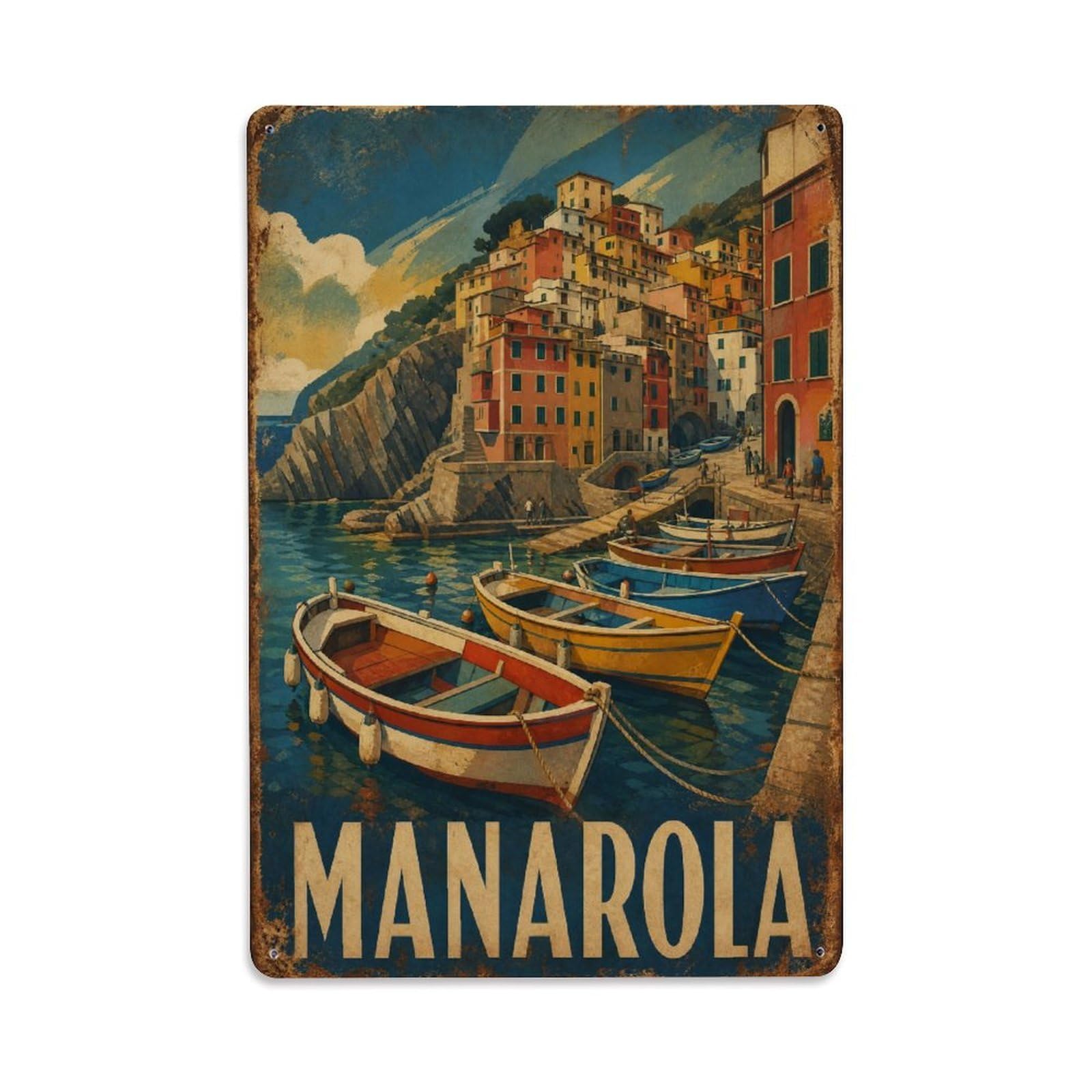 Huiyhb 8X12inch(20X30cm) Vintage Travel Manarola Harbor Fishing Boats Colorful Italy Metal Tin Sign