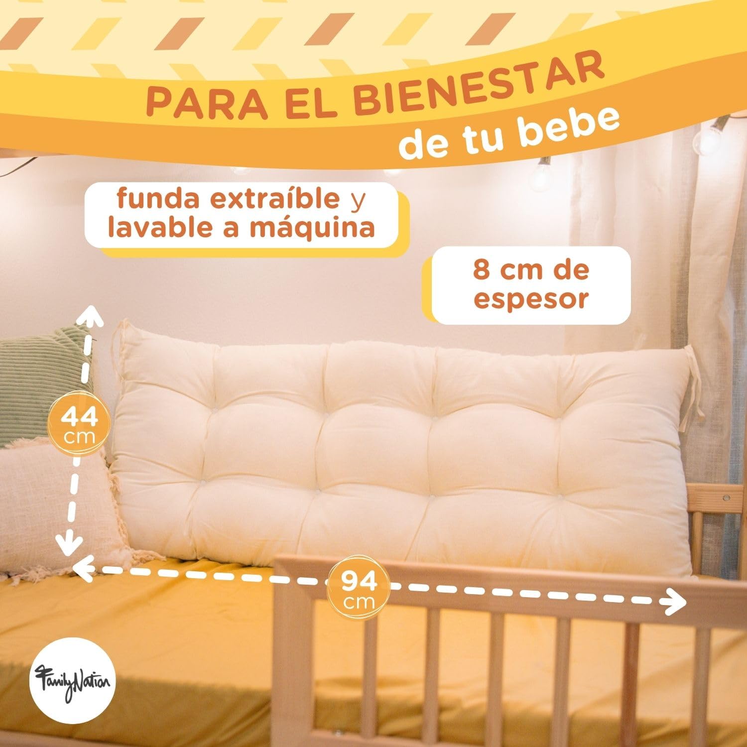 Family Nation, Almohada para el Arco Montessori Rainbow, para Niños a Partir de 6 Meses, de Lana Afelpada, Lavable a Máquina, Made in Italy, 94x44x8 cm