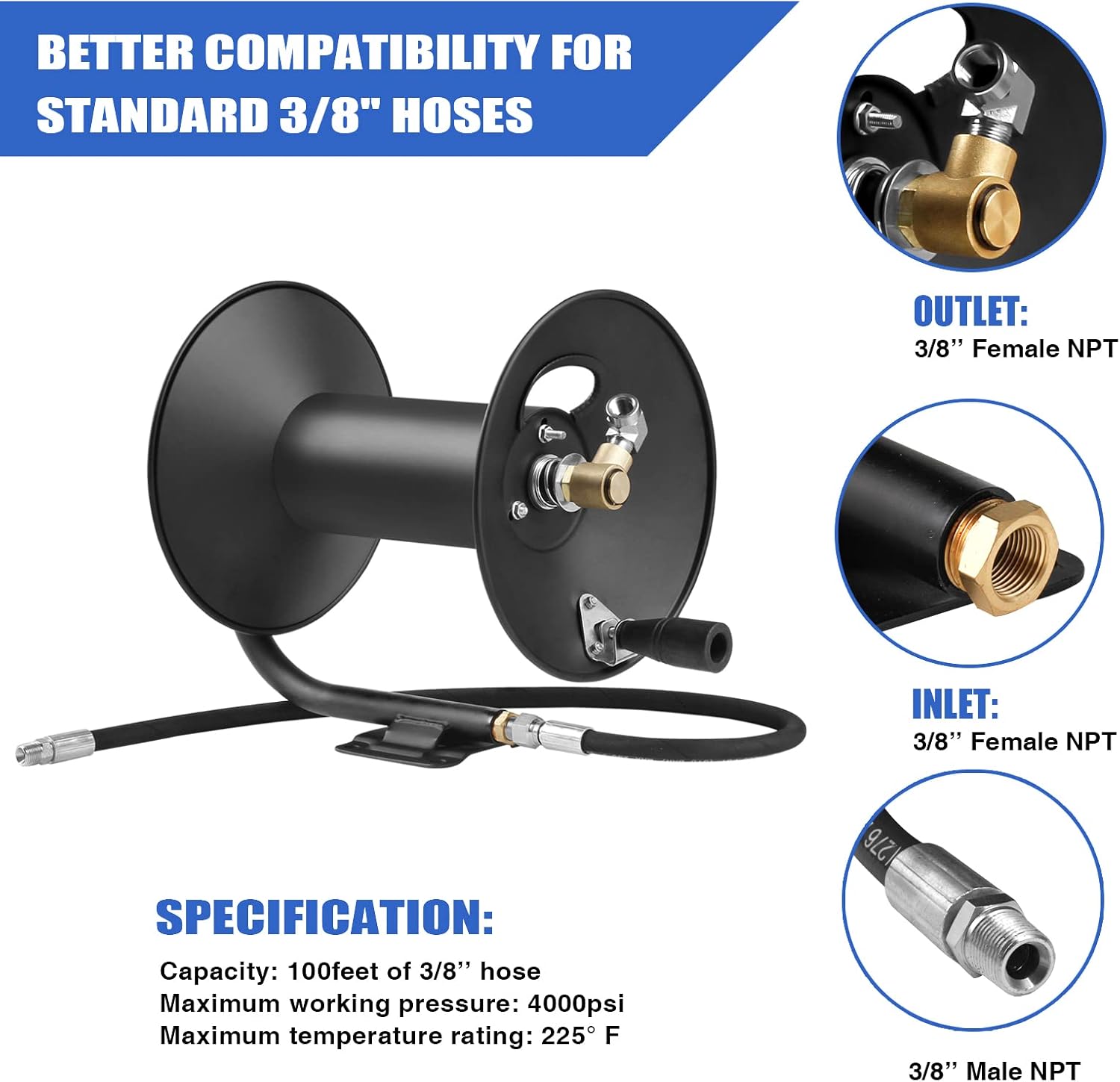 MEKOH Pressure Washer 100ft Hose Reel, Pressure Washer Nozzle, 3200 PSI, 7-in-1 Quick Changeover Nozzle, 1/4 Inch Quick Connect