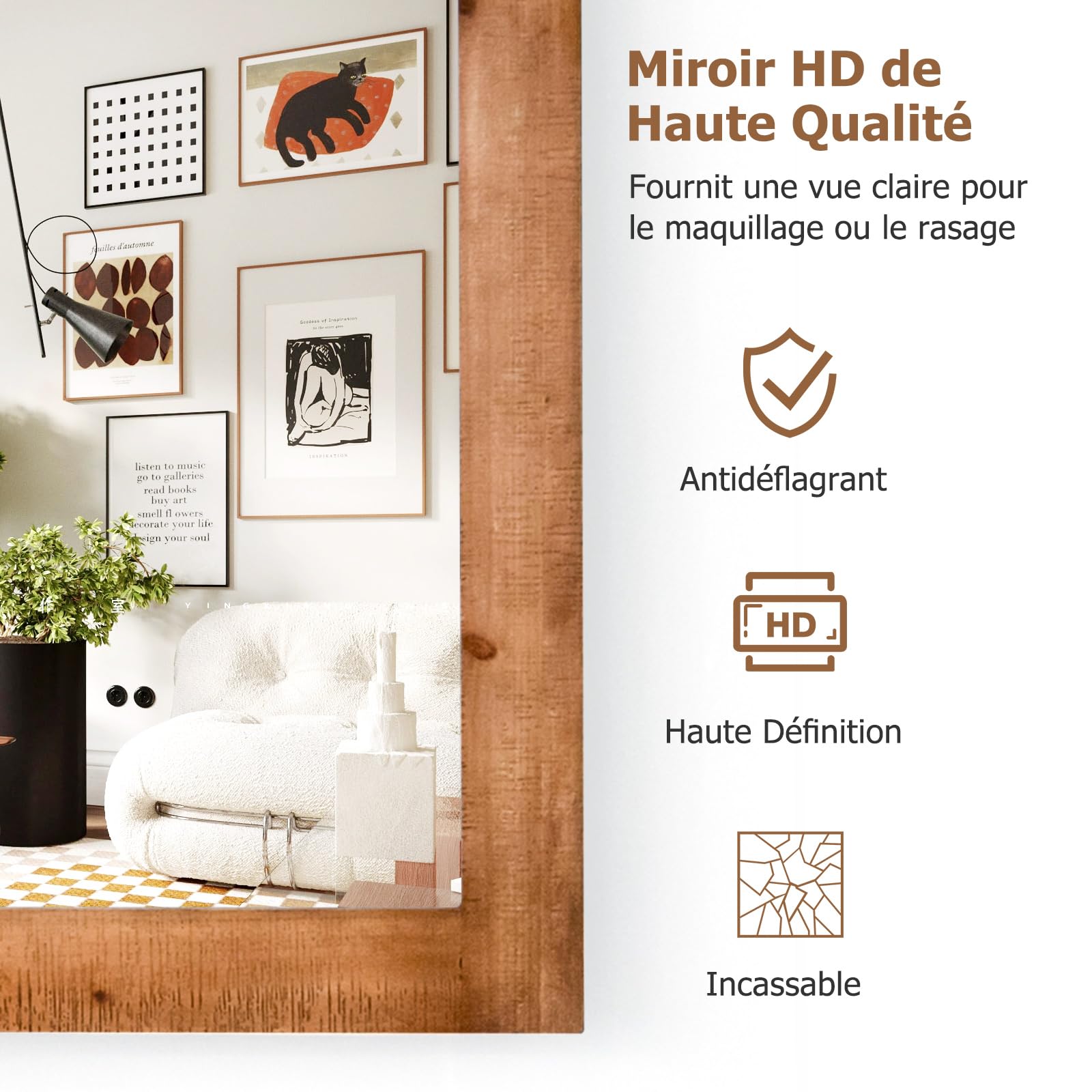 GOPLUS Miroir Mural Solide, 76,5×54CM, Miroir Décoratif Rectangulaire en Bois Sapin & Verre de Haute Définition & Support en Métal, pour Entrée, Salle de Bain, Chambre à Coucher (Brun)