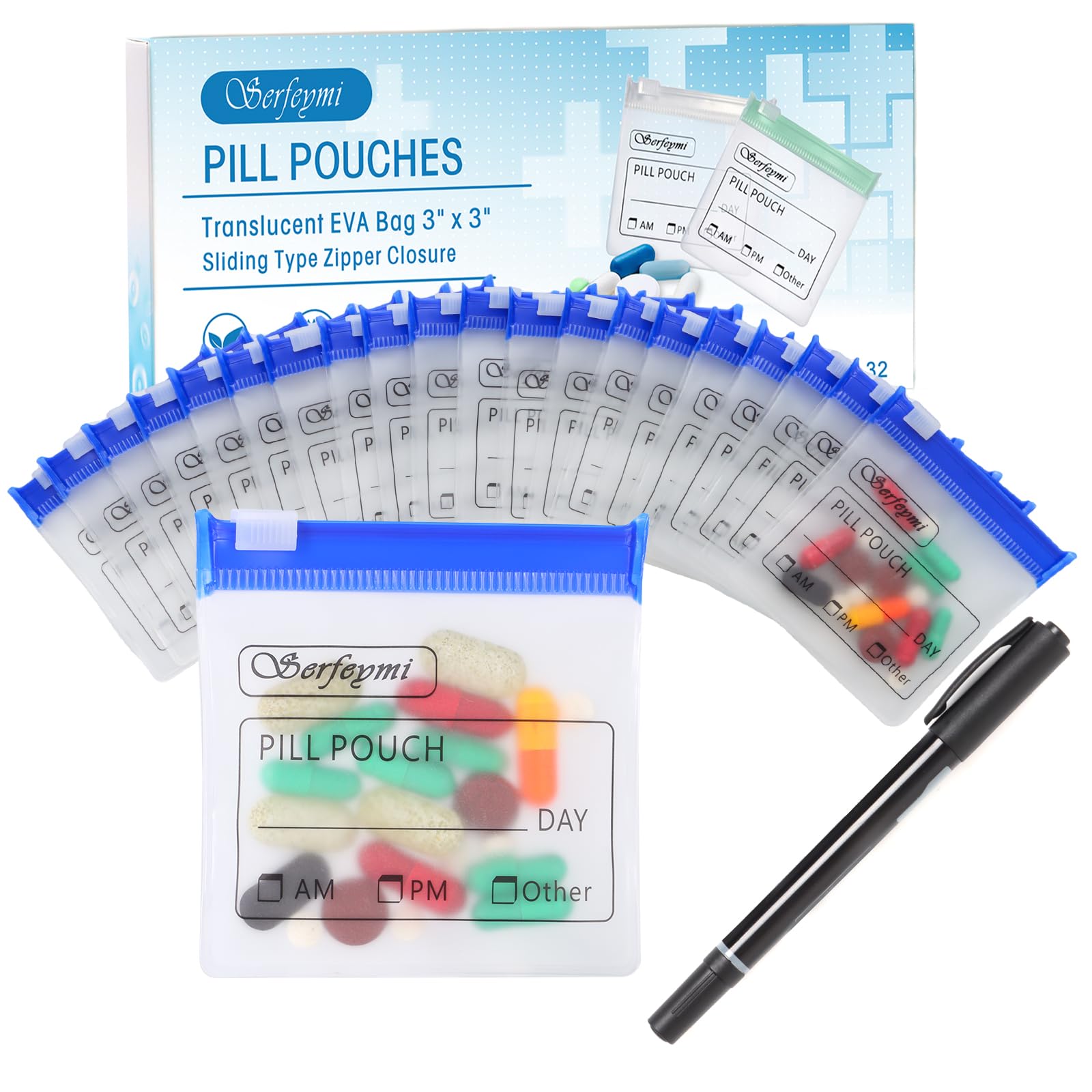 Serfeymi 32 Pcs Pill Pouches Bags for Travel 3 x 3 in 12 mil(Double Sided)