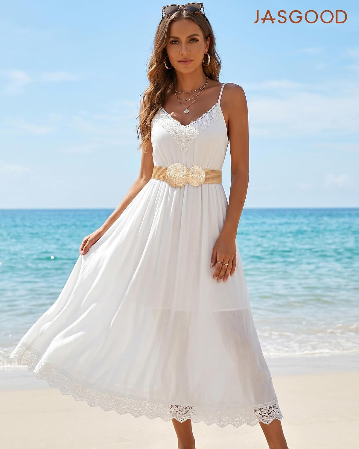 JASGOOD Women's Woven Straw Elastic Belt, Boho Rattan Waist Belt with Gold Buckle for Summer Dresses