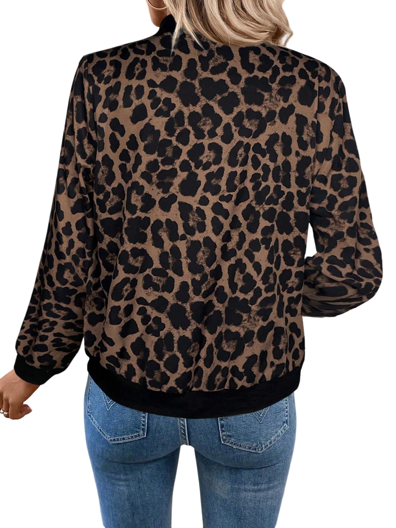 GORGLITTER Veste d'automne élégante pour femme avec motif léopard - Veste bomber légère - Col de baseball - Veste de transition - Veste de loisirs