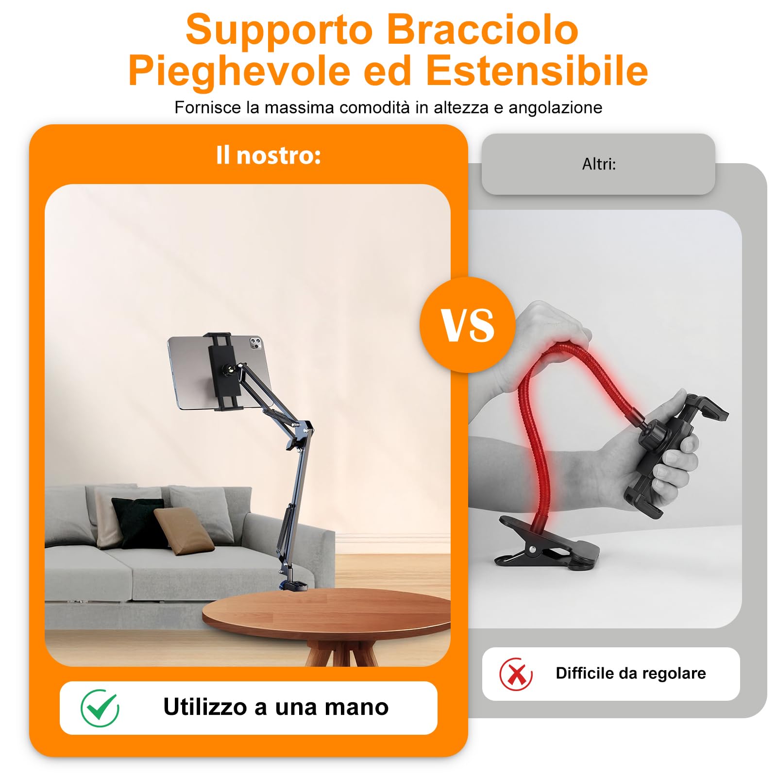 Supporto Tablet, Porta Tablet da Letto Rotazione a 360°,Adatto per Telefoni Cellulari o Tablet da 4,7-13 Pollici, Adatto per il Fissaggio su Superfici Piane con uno Spessore Massimo di 6,5 cm