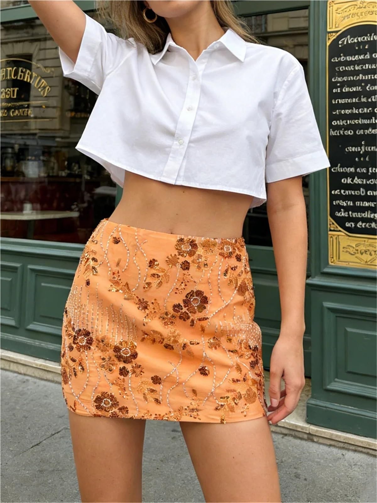 Gonna Corta con Paillettes da Donna, Fiore in Rilievo, Vita Bassa, Mini Aderente, Trendy Streetwear Estivo