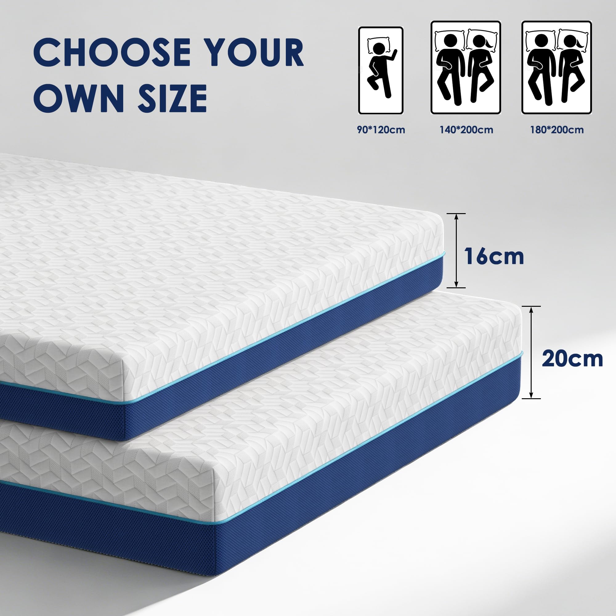 Matratze 90x200, Höhe 20cm,H4 Gel-Memory-Foam-Kaltschaummatratze | ergonomisch,atmungsaktiv,gerollt, mit abnehmbarem Bezug