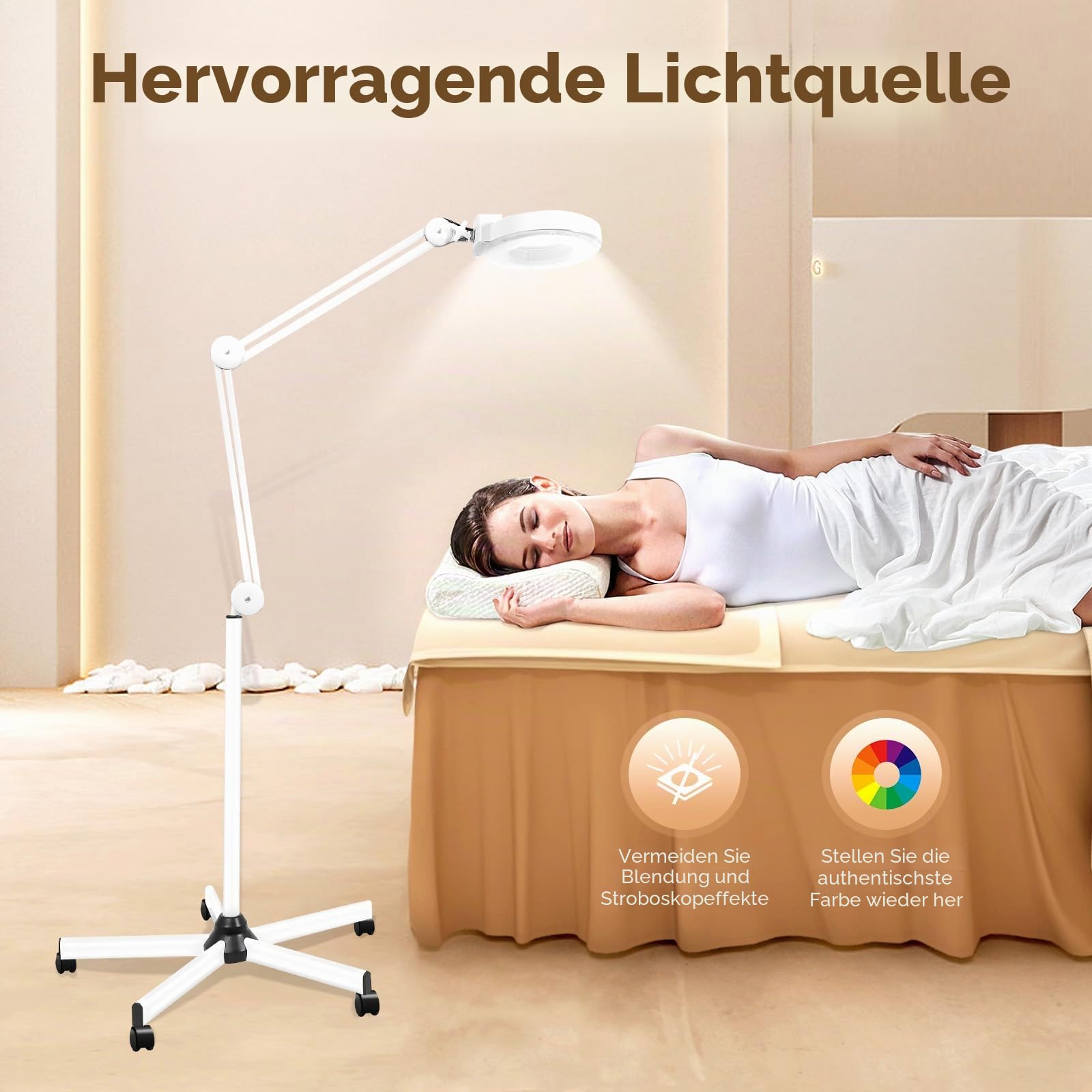 5X LED Lupenleuchte 125MM Lupenlampe mit Standfuß, 5 Dioptrien Lupe mit Licht Standlupe Arbeitsleuchte Kosmetiklampe mit Rollstativ Weiß Lampe Beauty Salon (5X)