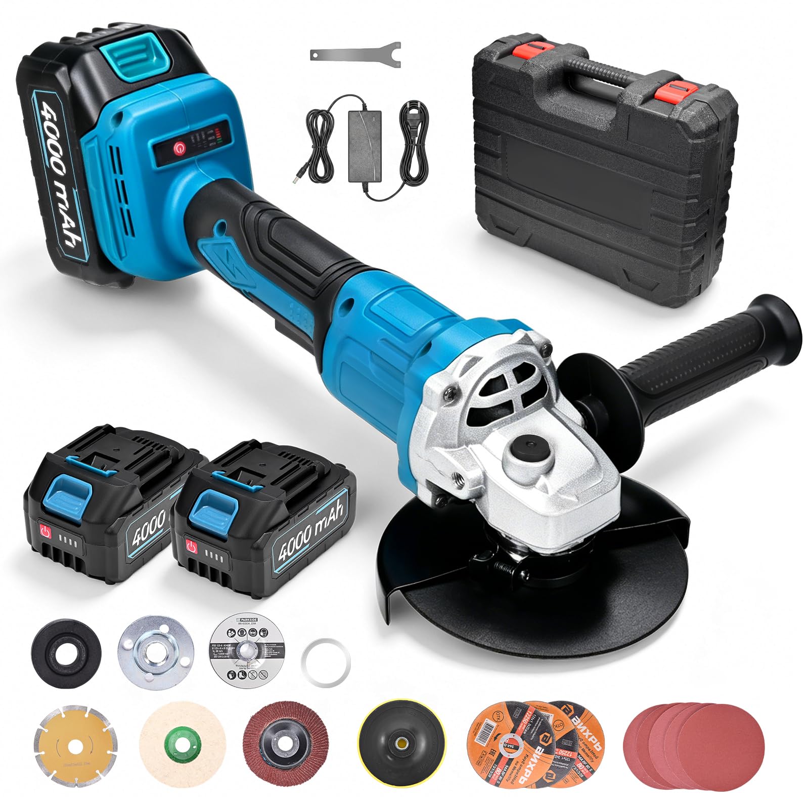 Smerigliatrice a Batteria, Smerigliatrice Angolare Senza Fili con 2 Batterie da 4.0Ah& Caricabatterie Rapido, 900W Smerigliatrice Senza Spazzole per Taglio Lucidatura Smerigliatura