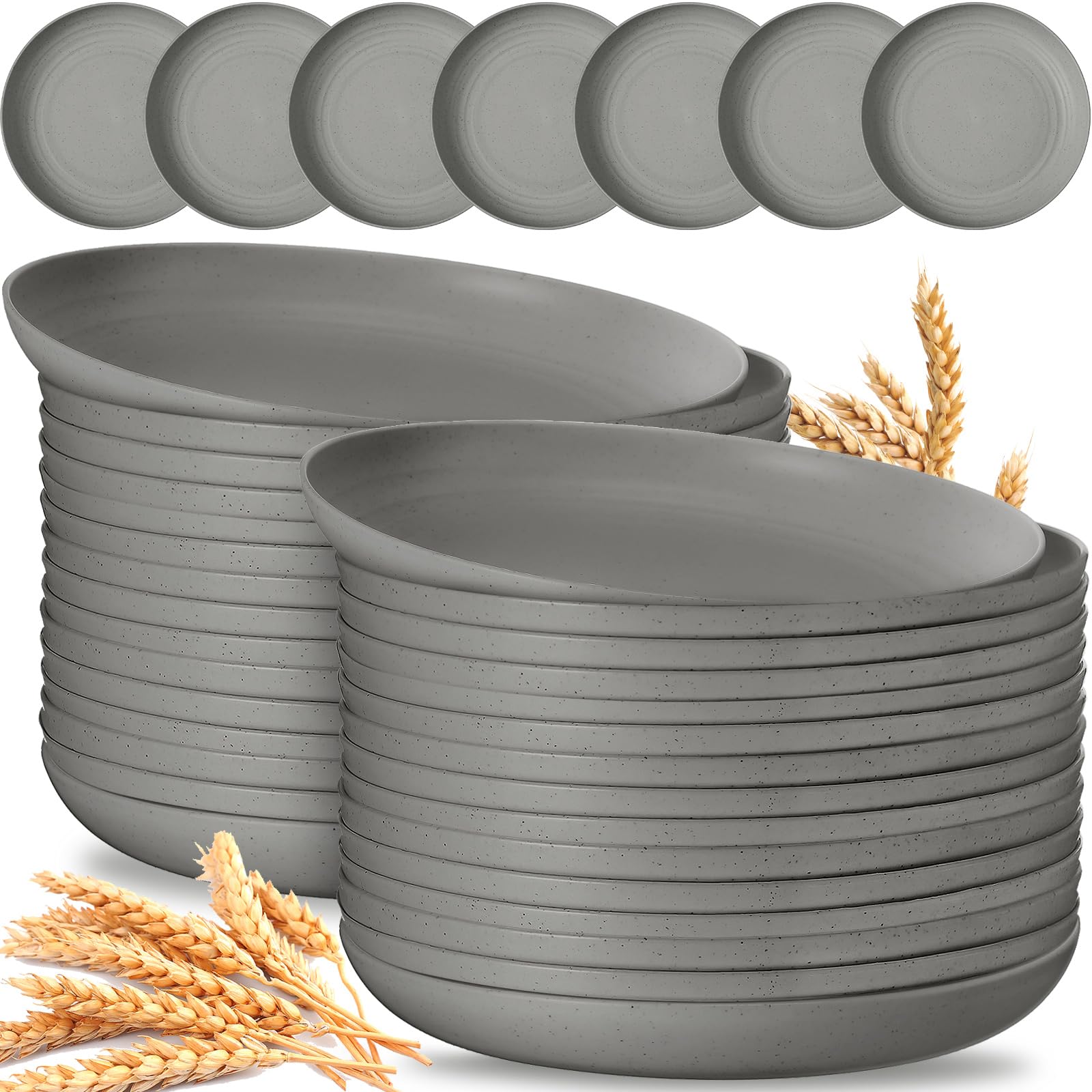 Bokon 30 Pcs 9 Inch Wheat Straw Plates Lightweight Unbreakable Deep Dinner Plates Reusable Plastic Plates Microwave Safe Dinnerware for Toddler Children Kids Adult (Gray)