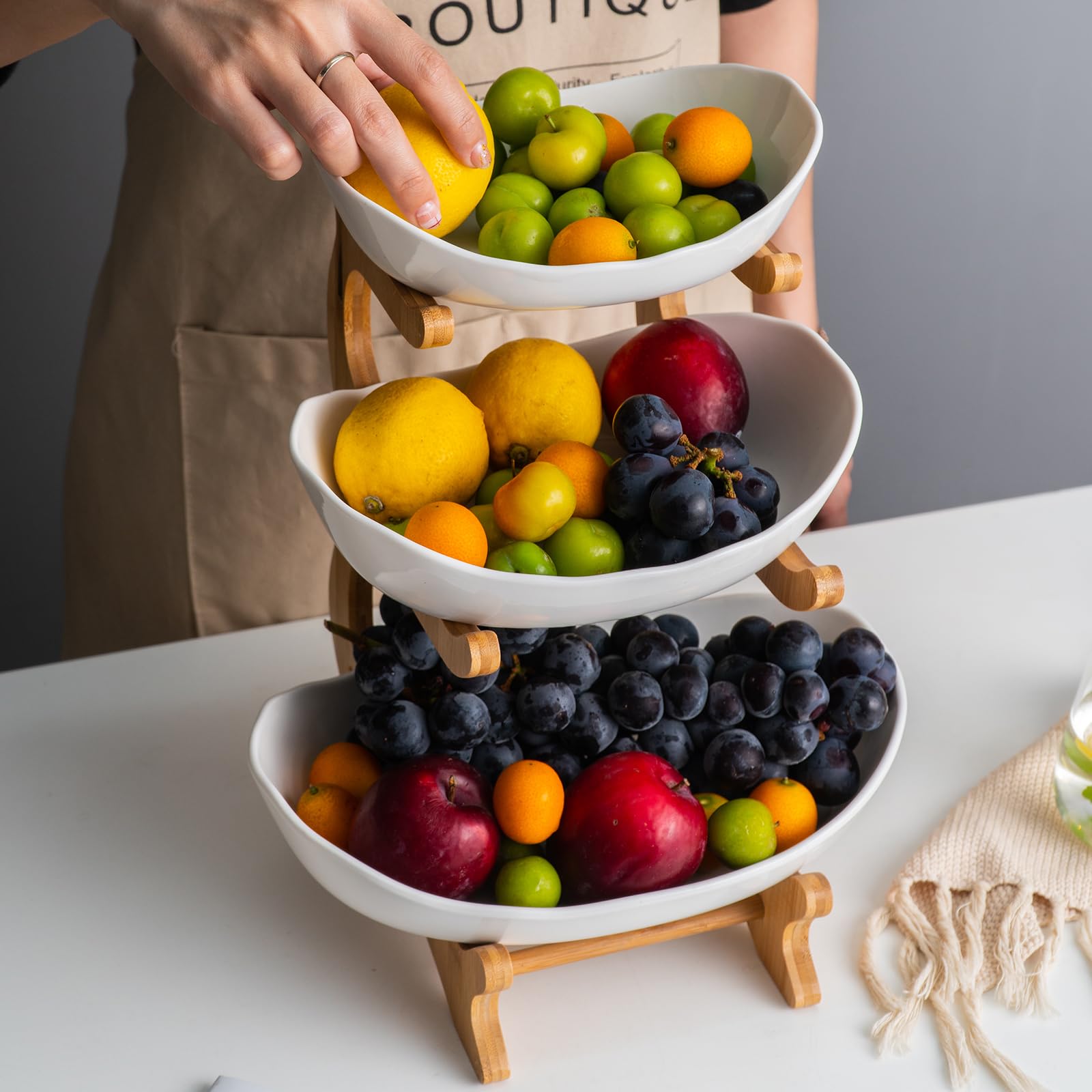 YYW 3‑stöckiger Keramik‑Obstständer mit Bambusholz, Grün Snackteller