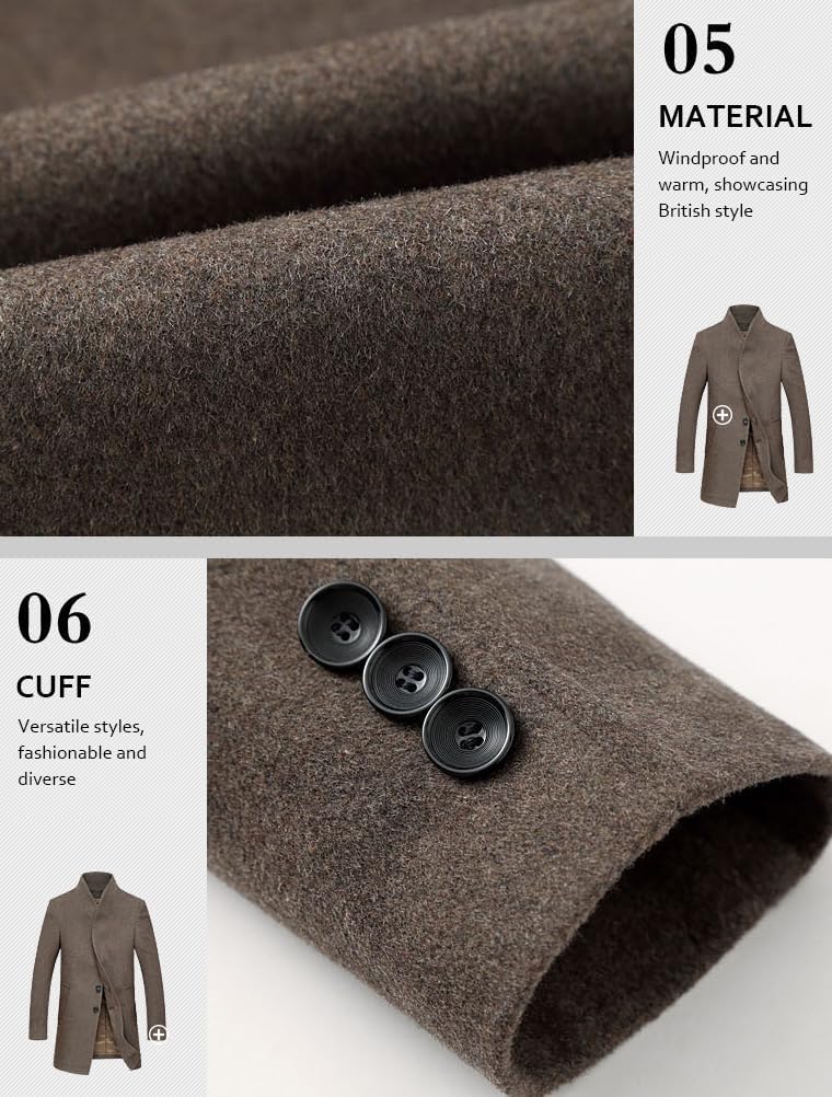 Lavnis Men's Trench Coat Long Wool Blend Overcoat Slim Fit Down Topcoat - Image 6