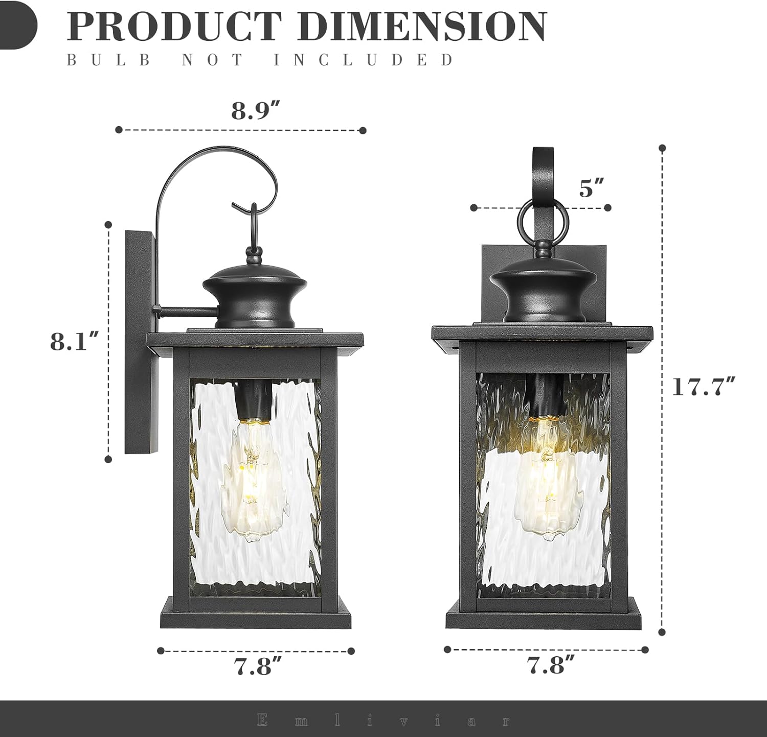Emliviar 18" Farmhouse Outdoor Light Fixture, Exterior Lighting Fixtures with Water Ripple Glass Shade, Black Finish, 1810-BW2-SW