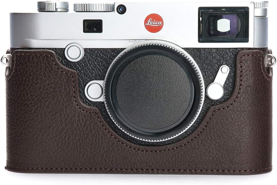 M10 Camera Case, BolinUS Handmade Genuine Real Leather Half Camera Case Bag Cover for Leica M10 Camera Bottom Opening Version + Hand Strap (Coffee)