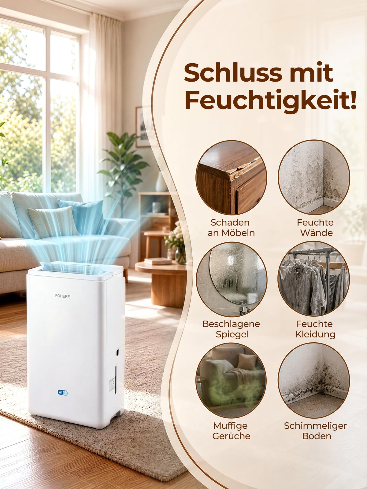 FOHERE Luftentfeuchter 30L/24h mit WLAN-App, Raumentfeuchter bis 50 m²/135 m³ für Keller, Bad und Schlafzimmer, Dauerablauf, Wäschetrocknung, 24h-Timer, Auto-Abschaltung
