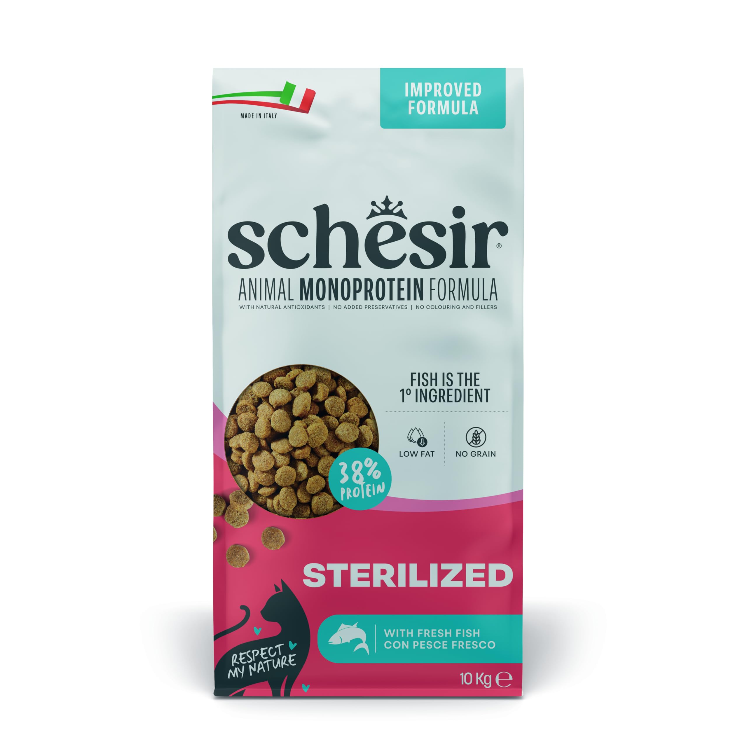 Schesir Animal Monoprotein Sterilized Pesce, Croccantini per Gatti Adulti Sterilizzati, Alimento Secco Monoproteico, Vitamine Aggiunte, Senza Conservanti e Coloranti, 10 kg