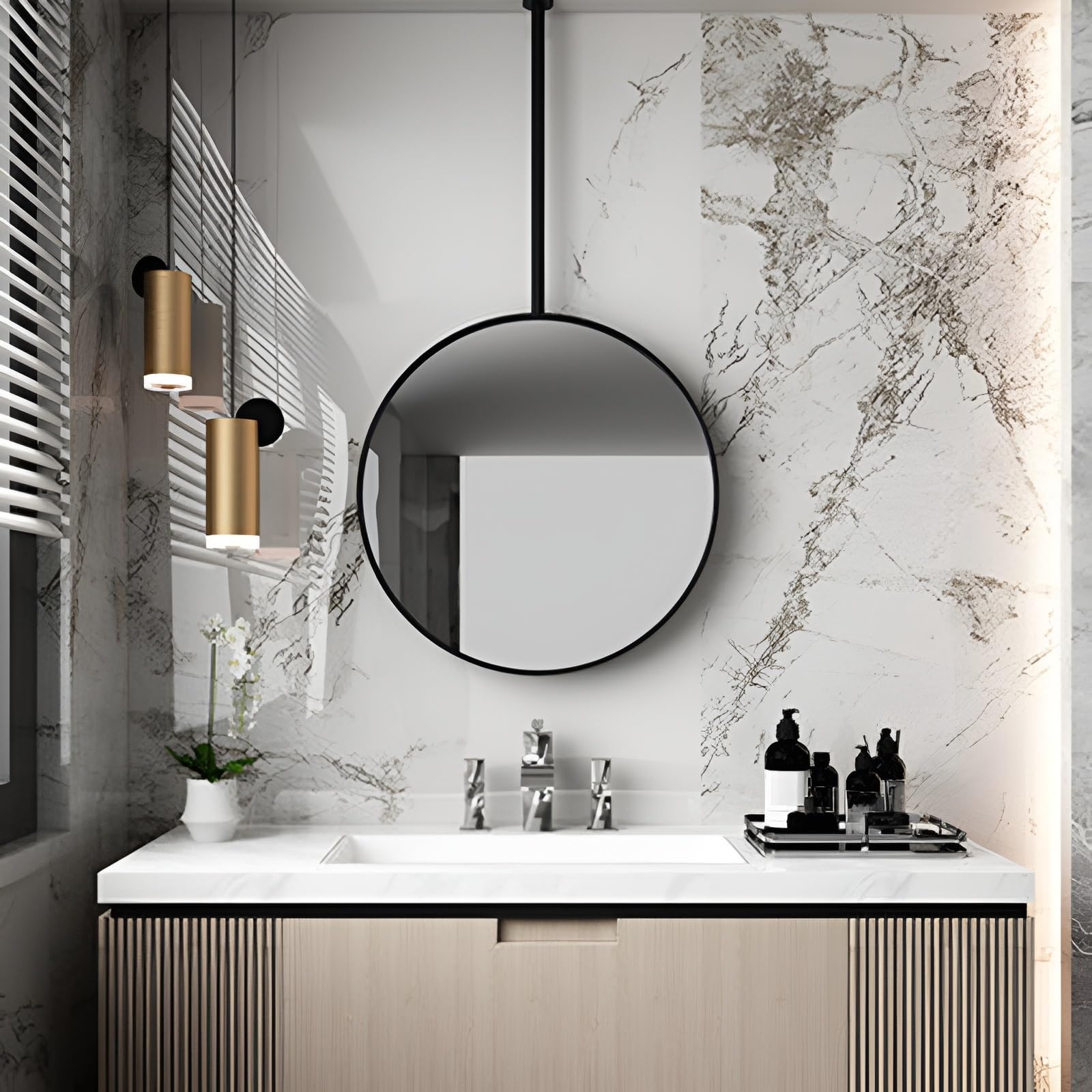 FGXHHS Black/Gold Metal Pole Ceiling Suspended Mirror - Decorative With Frame, Modern For Hotel Bedroom, Entrance, Home Decoration(Black,70cm/27.6in)