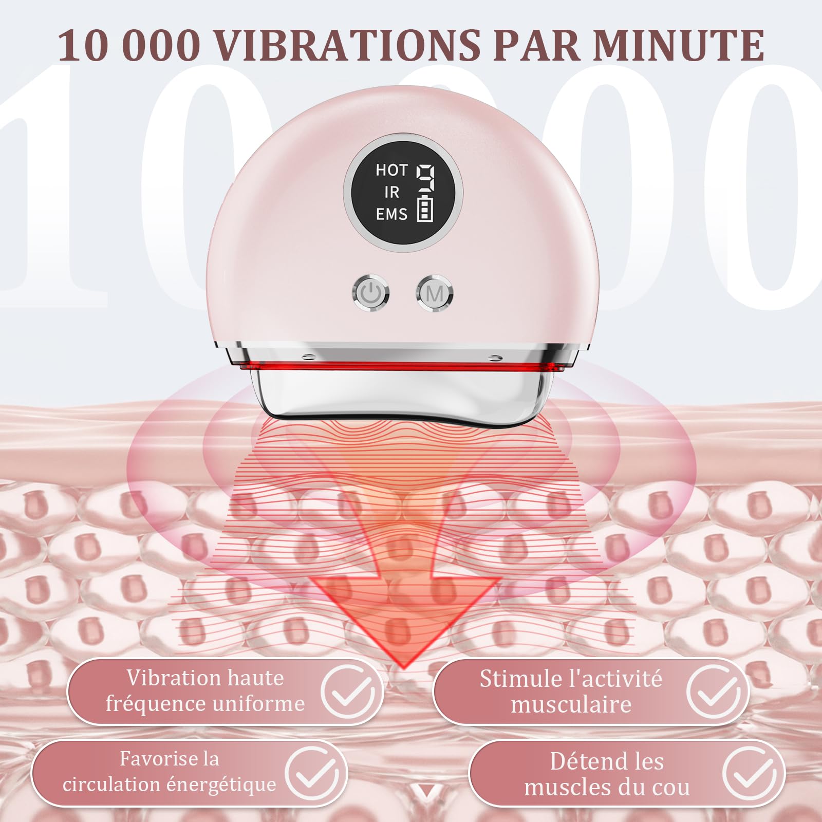 Appareil Anti Rides Massage Visage: Masseur Lifting Visage avec 9 Niveaux de Réglage et 4 Modes - Gua Sha Électrique EMS Massage Thermique à 45℃ - Appareil de Beauté Double Menton avec 3 LED Couleurs