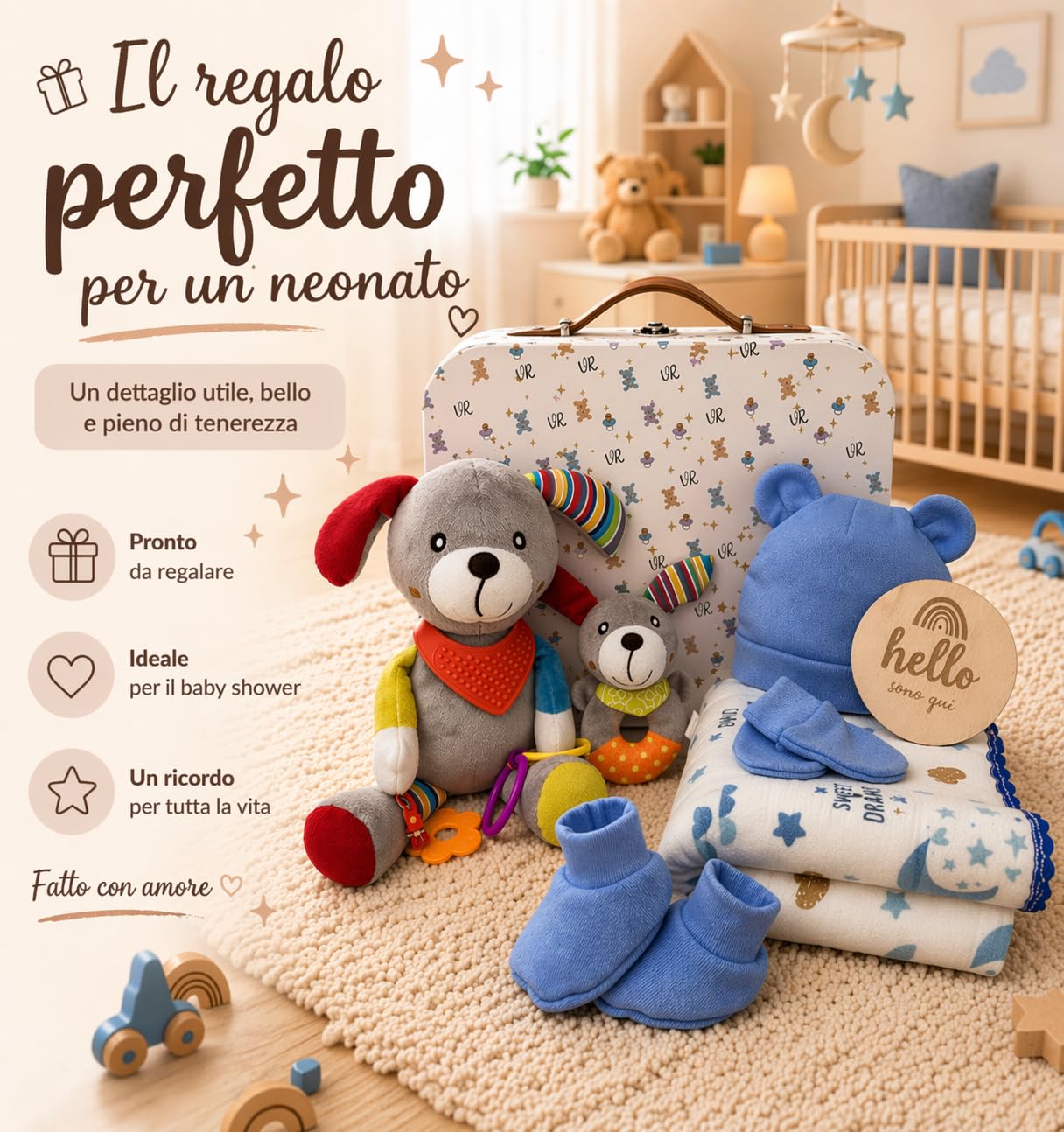 Regalo Neonato Maschio Femmina - Regalo Nascita Bimbo Bimba - Set Nascita 8 Pezzi con Valigetta, Copertina in Cotone, Peluche e Sonaglio - Cofanetto Regalo